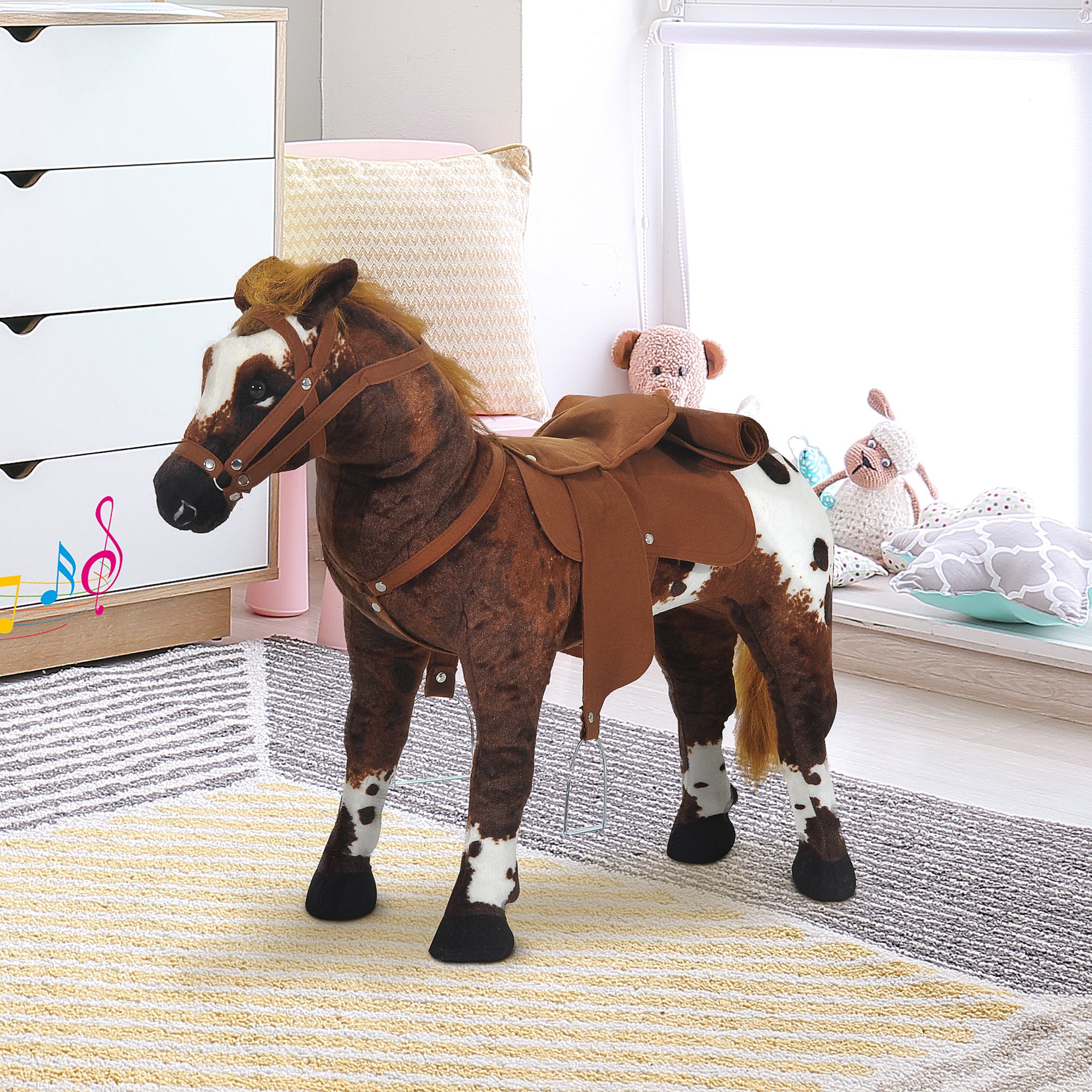 HOMCOM Spielpferd Reitpferd für Kinder ab 2 Jahren, Weiches Plüschpferd mit Sattel & Steigbügel, Pferd Spielzeug mit Geräusch, Braun