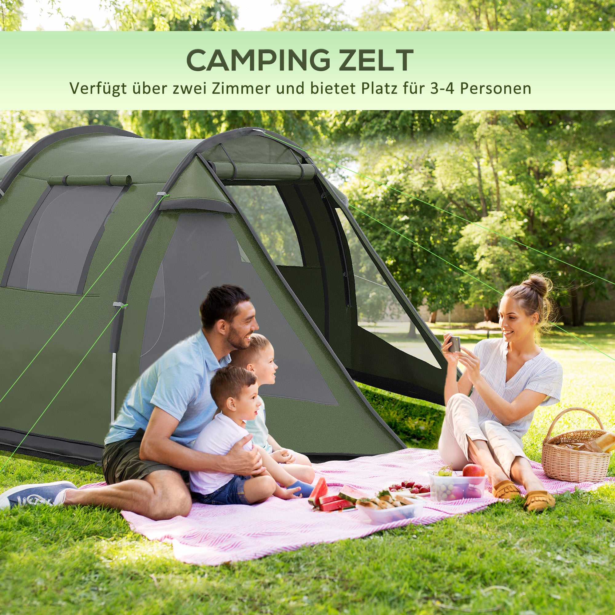 Outsunny Campingzelt für 3-4 Personen, zwei Innenräume, Netzfenster, grün, 4,75 x 2,64 x 1,72 m
