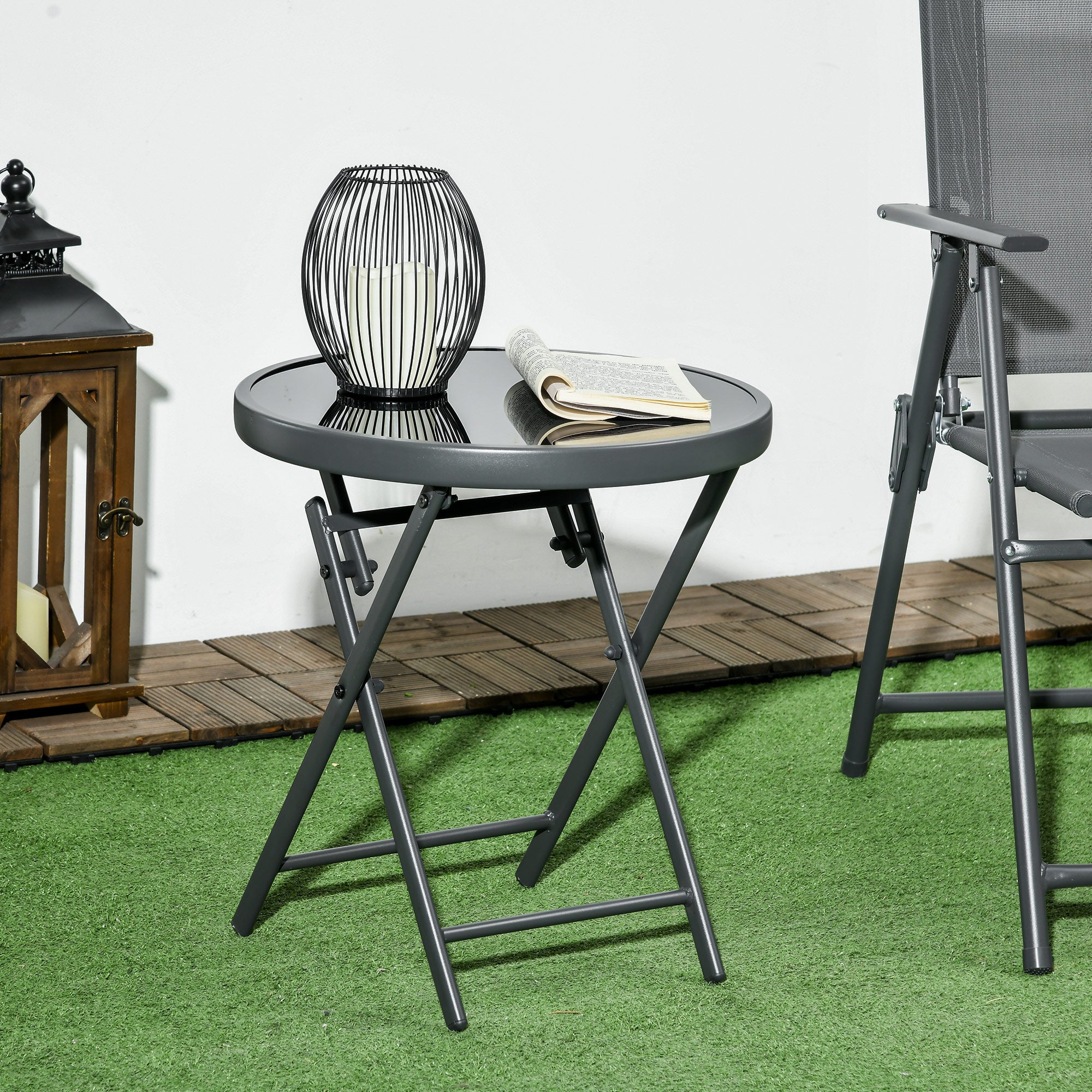 Outsunny Klappbarer Beistelltisch, Outdoor-Klapptisch, mit Tischplatte aus gehärtetem Glas, für Terrasse, 45 x 45 x 50 cm Schwarz