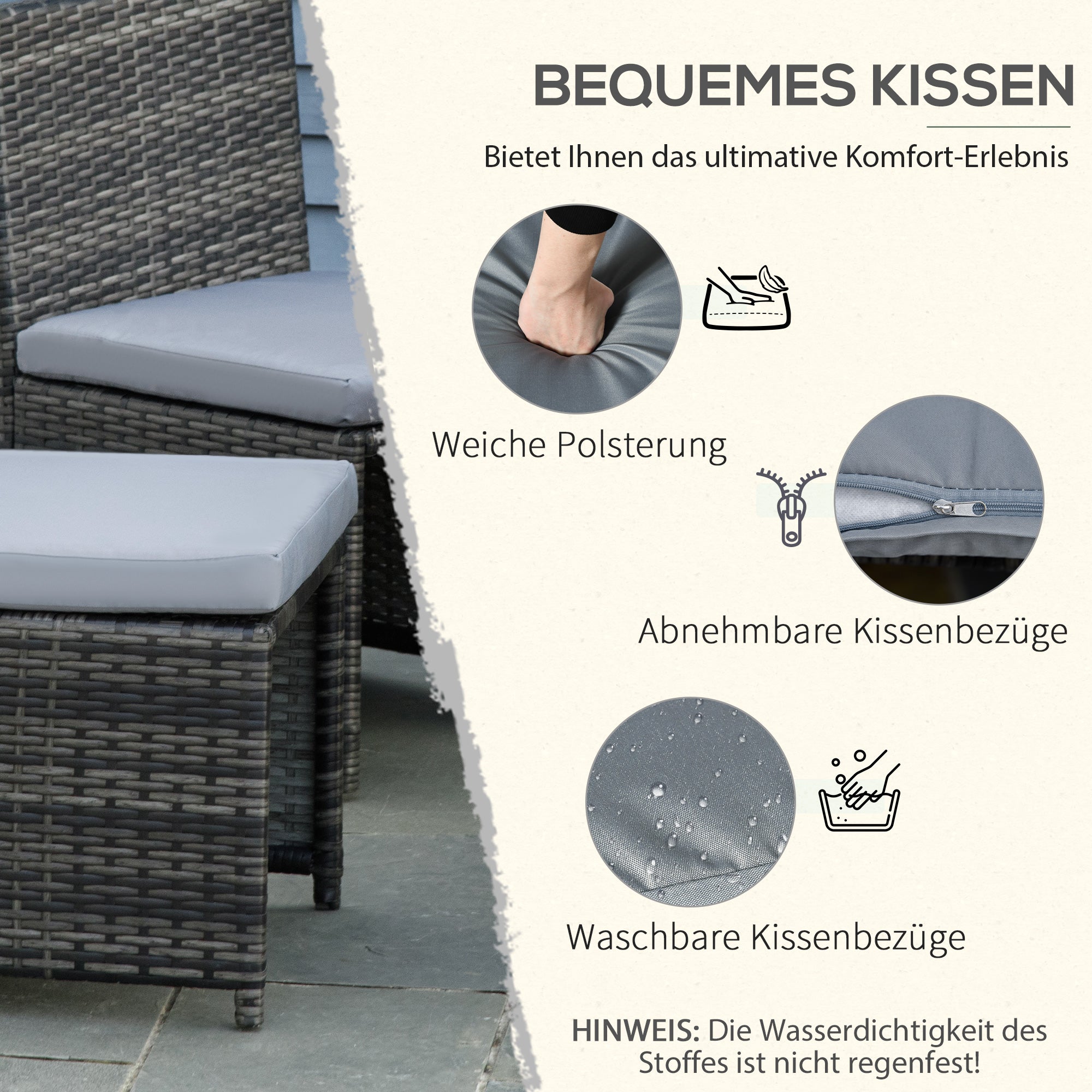 Outsunny Gartenmöbelset für 4 Personen, 4 Stühle & 1 Tisch, inkl. Sitzauflagen, Polyrattan, rostfreier Stahlrahmen, Grau