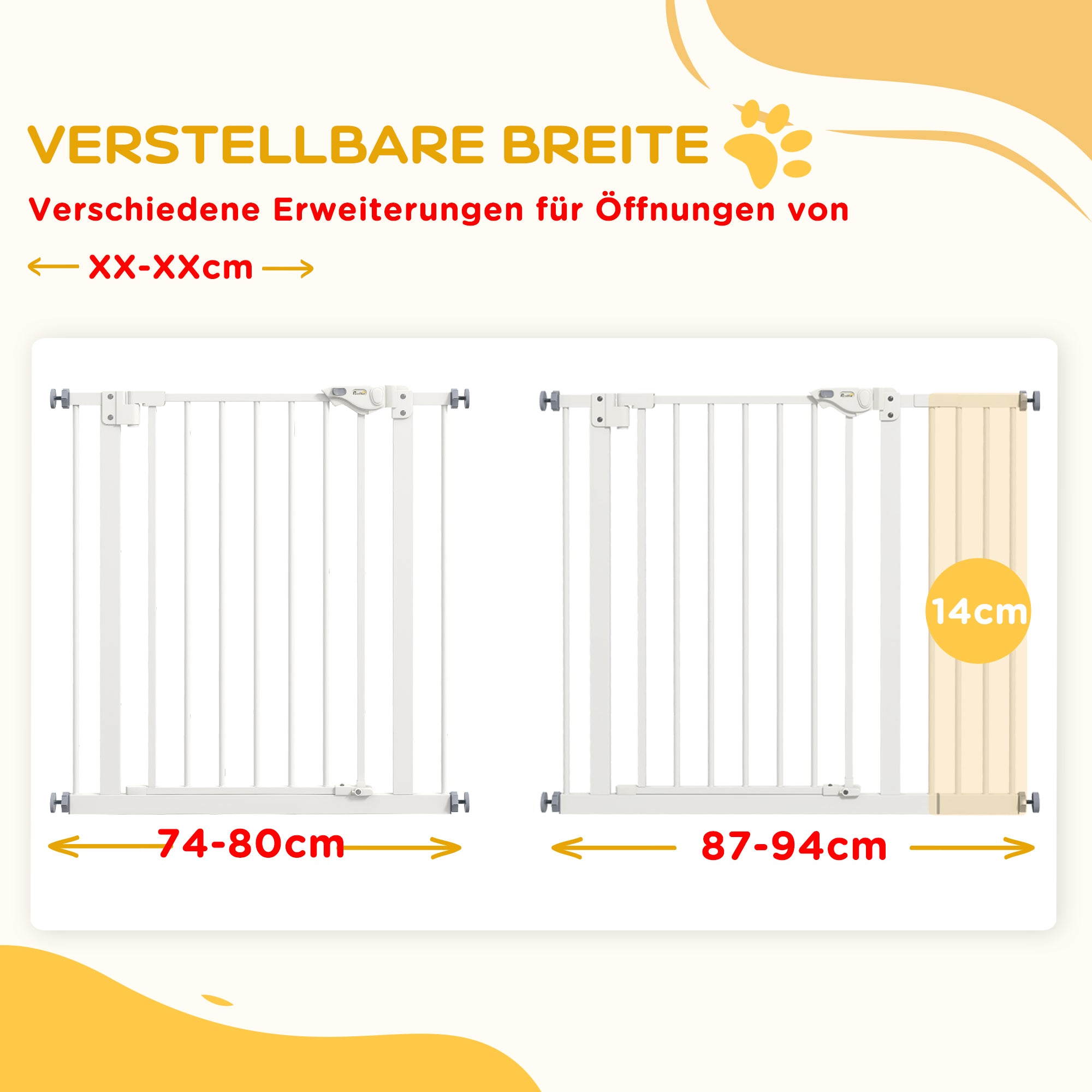 PawHut Türschutzgitter für Hunde, Absperrgitter, Schutzgitter für Haustiere, Metall, Kunststoff, ,74-80/87-94 cm, Weiß