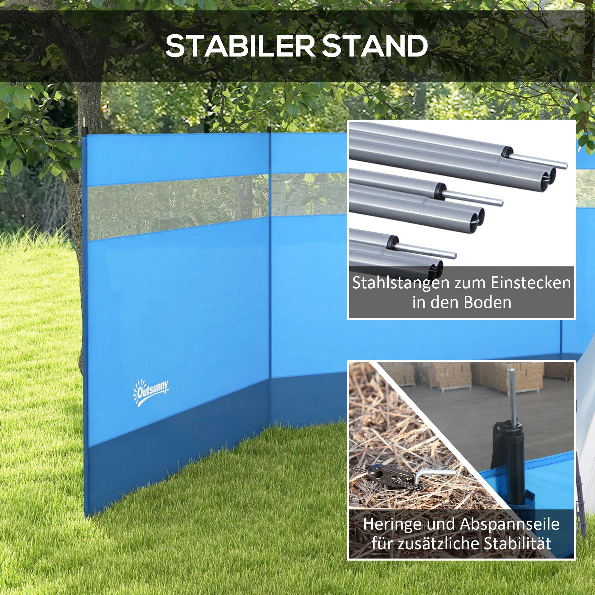Outsunny Windschutz mit Sichtfenster und Tragetasche, Stahlstangen, 440x140cm, Blau