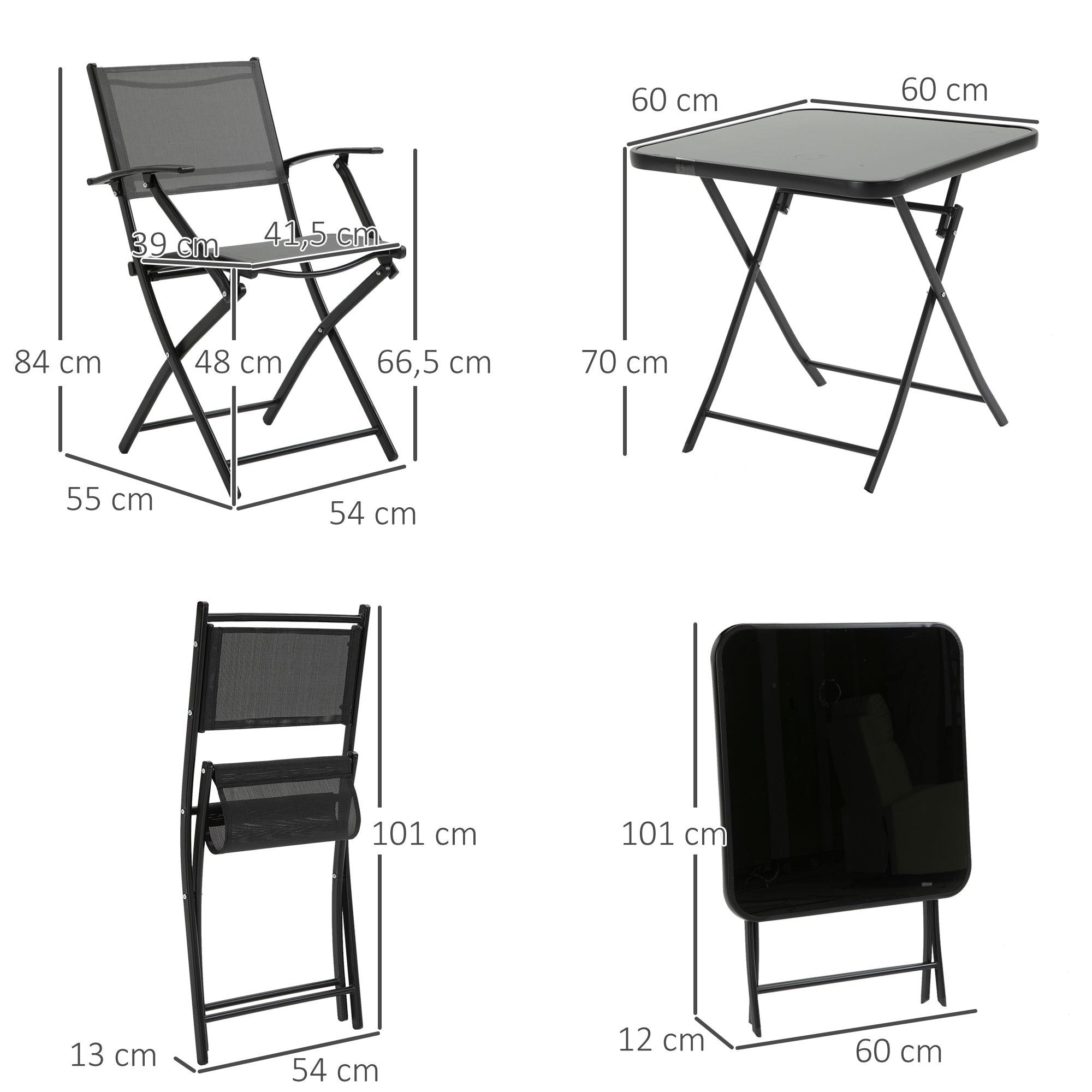 Outsunny Sitzgruppe für 2 Personen klappbar Balkonset 1 Tisch+2 Stühle Gartenmöbel Set Metall Mesh Schwarz+Grau