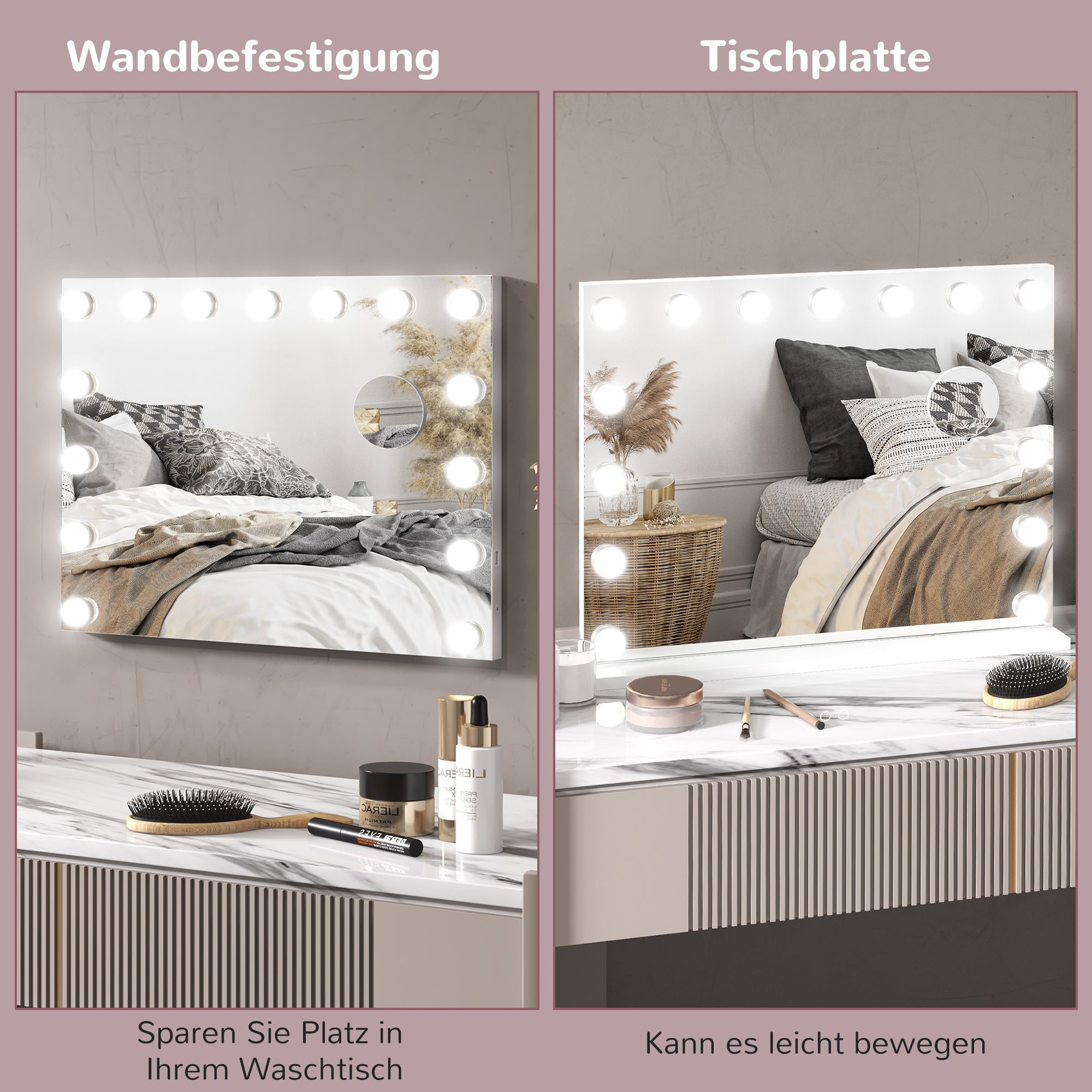 HOMCOM LED-Kosmetikspiegel, 3 Lichtmodi, dimmbar, Touch-Steuerung, USB, 58x48cm, Weiß