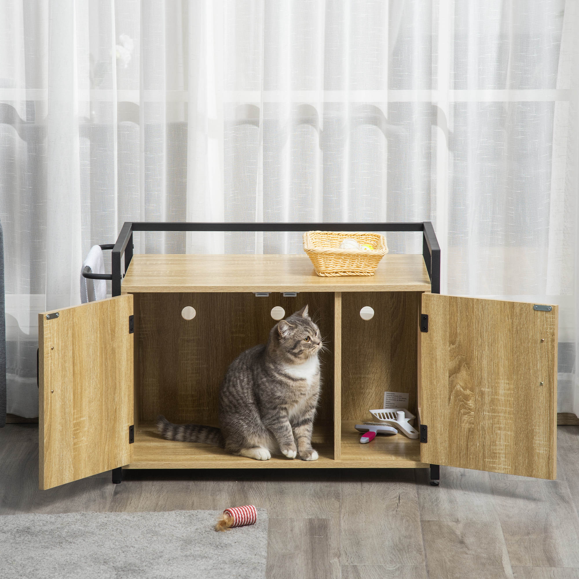 PawHut Katzenschrank für Katzentoilette Katzenklo Beistelltisch Katzenhaus Katzenkommode Schrank Natur 82,3 x 51 x 54 cm