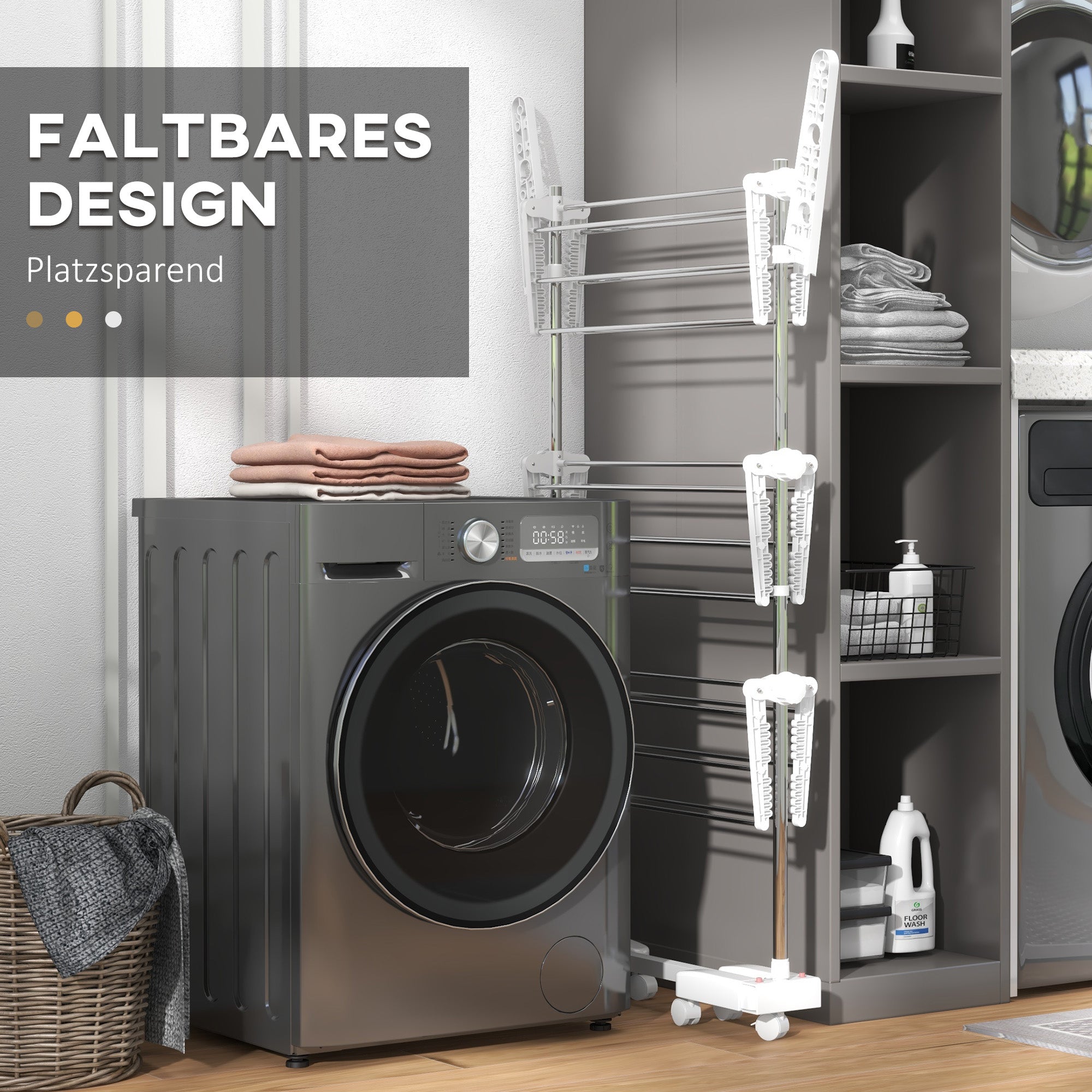 HOMCOM Mobiler Wäscheständer, Wäschetrockner, 3 Ebenen, klappbar, Silber + Weiß