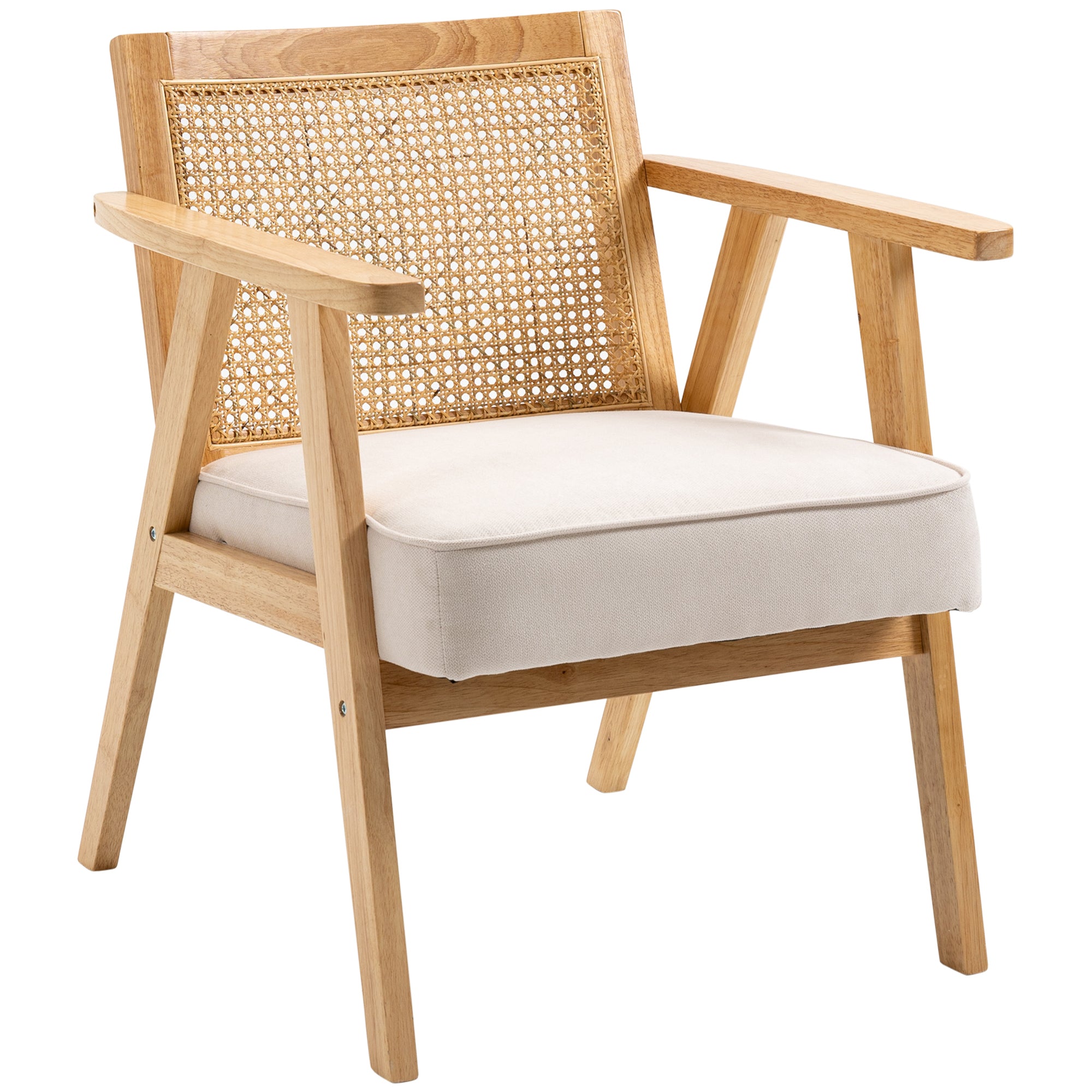 HOMCOM Exotischer Polsterstuhl, Kautschukholz, Sitzkissen in Leinenoptik, 63L x 69B x 78H cm, Cremeweiß