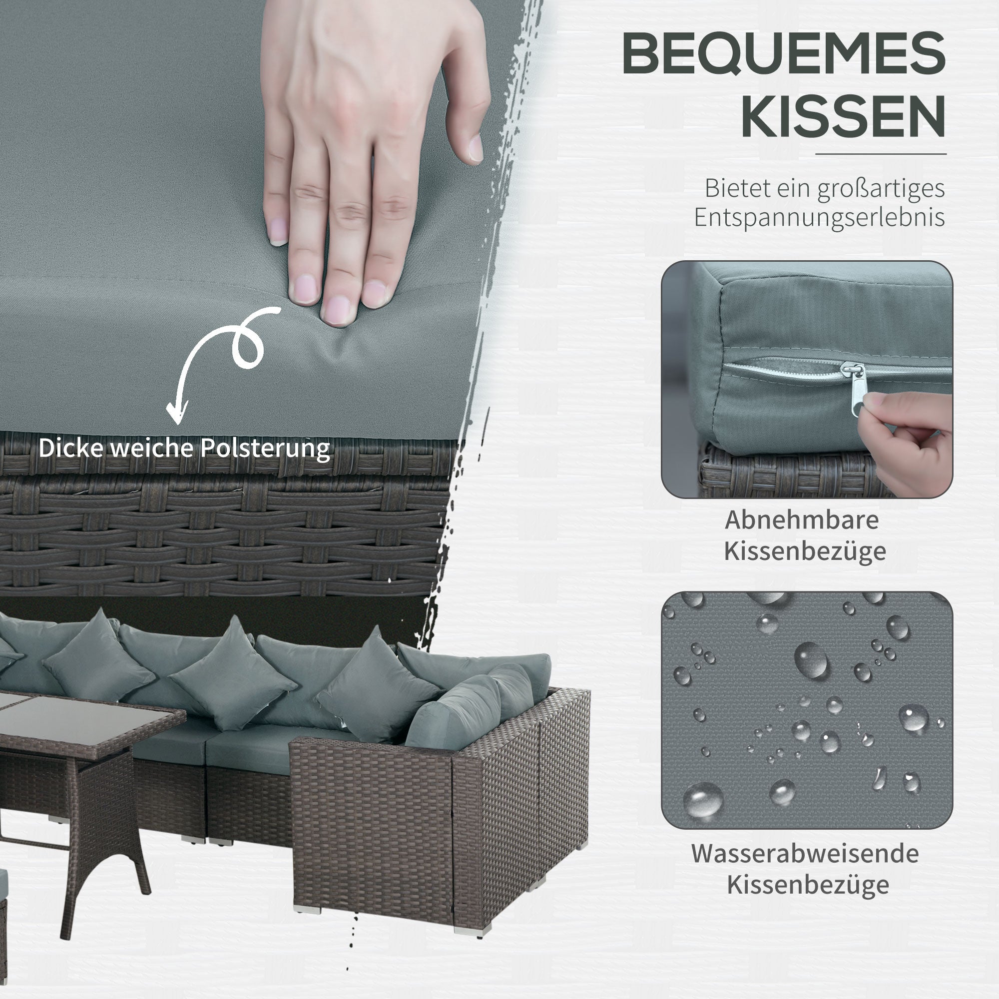 Outsunny 10-tlg. Gartengarnitur in Rattanoptik, mit Sitz- und Rückenkissen, rostfreier Metallrahmen, dunkelgrau