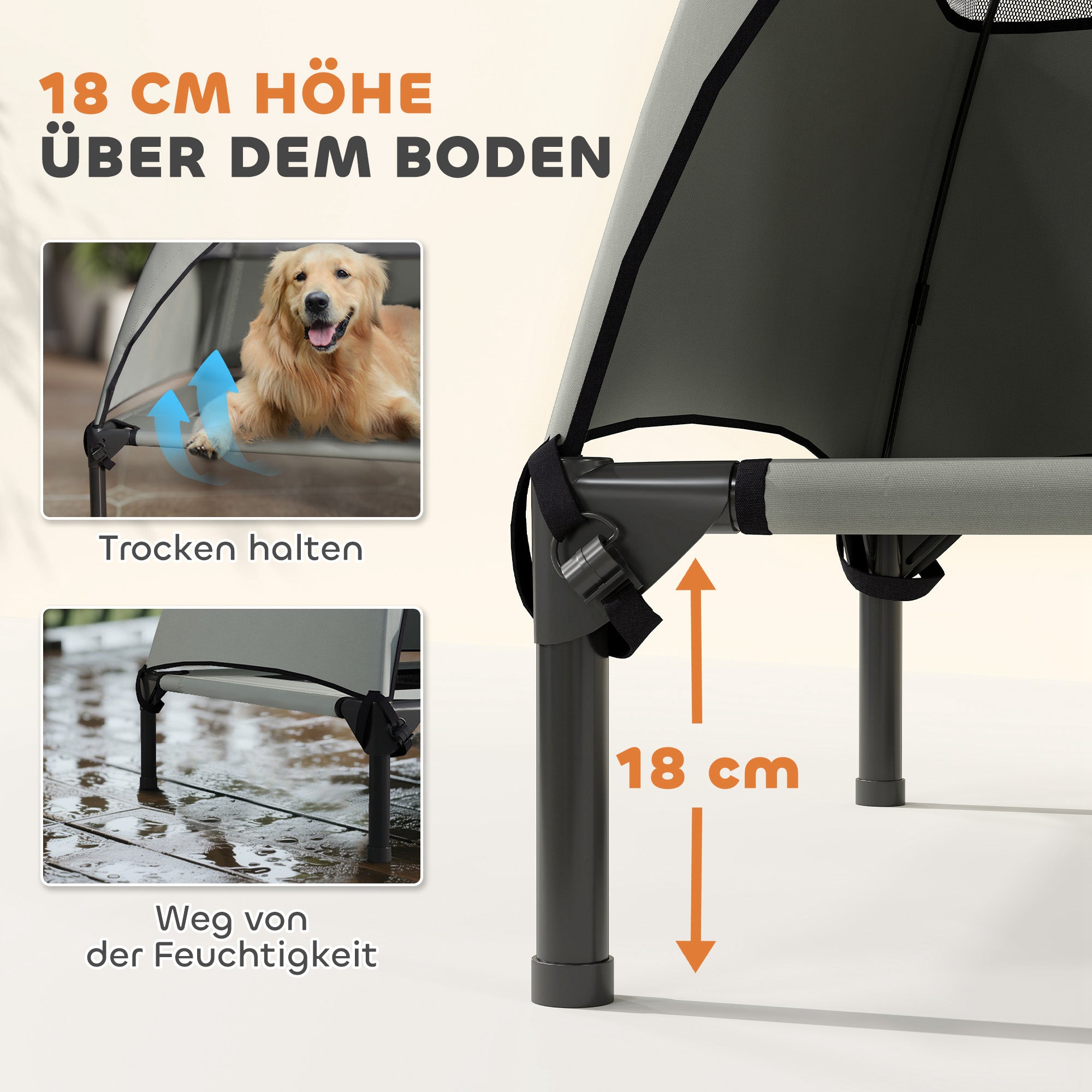 PawHut Hundeliege Outdoor mit Dach, Erhöhtes Hundebett für Große Hunde, 106 x 76 x 99 cm, Hellgrau