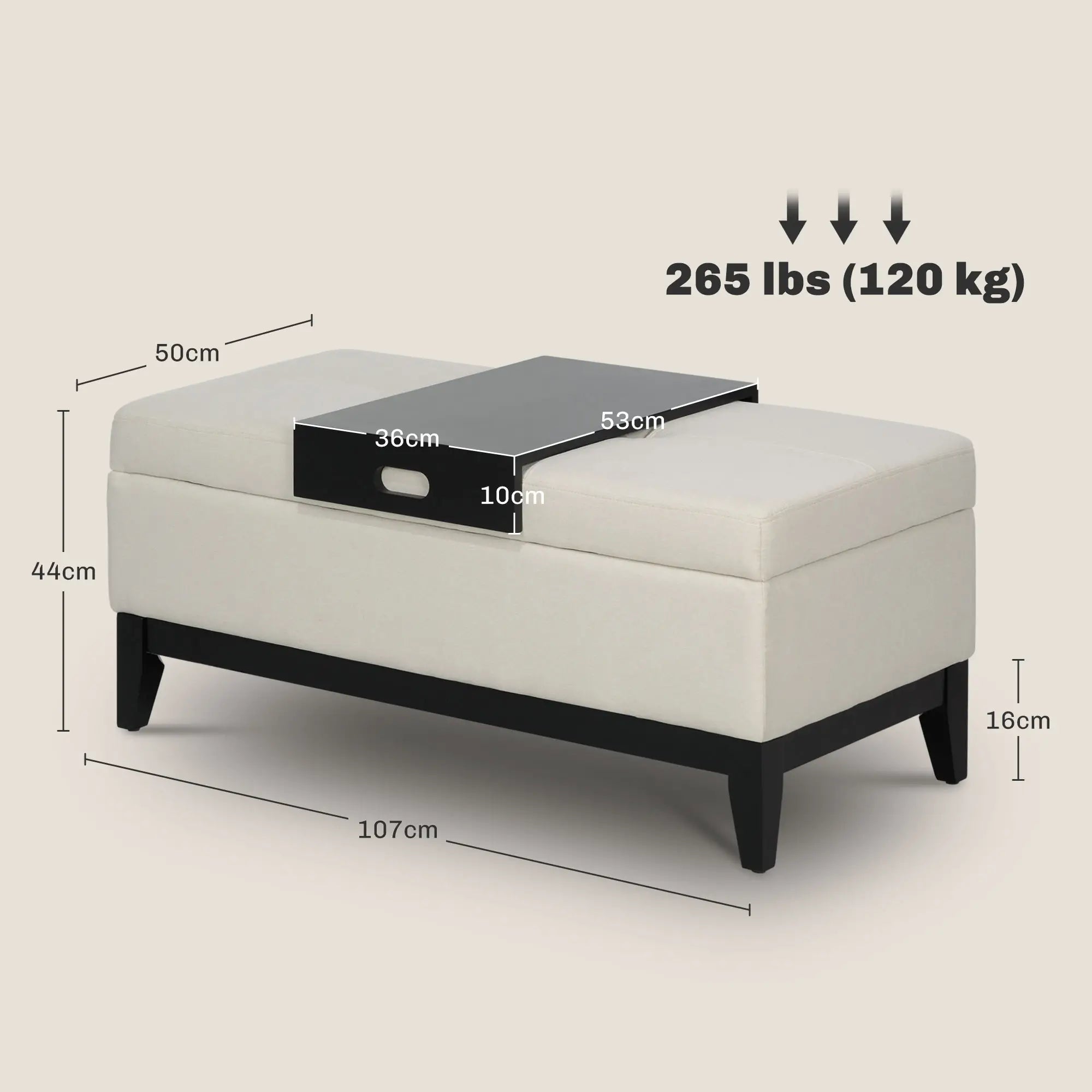 HOMCOM Sitzbank mit Stauraum und Tablett cremeweiß