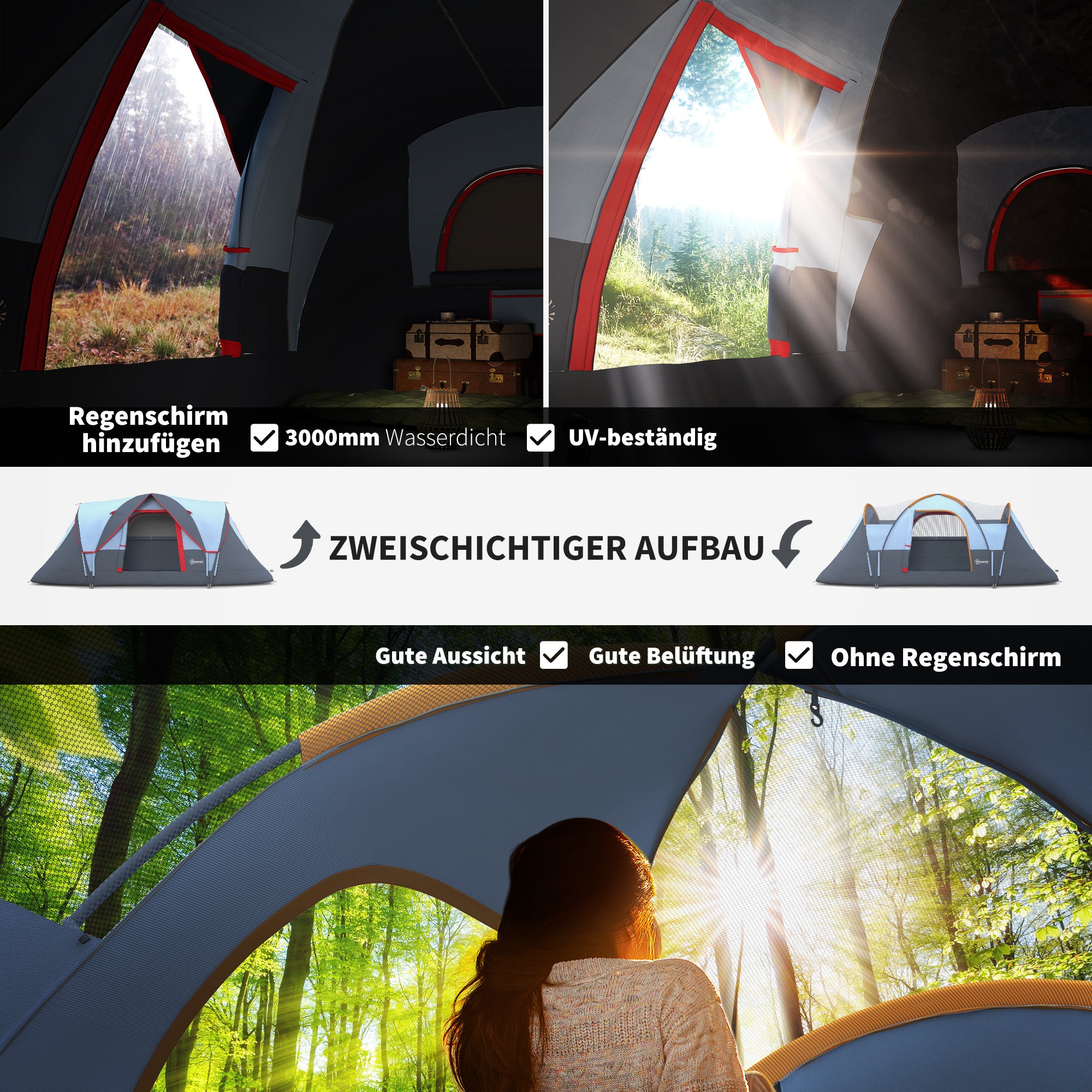Outsunny Campingzelt für 5-6 Personen stabil wasserdicht Familienzelt mit Eingang Fenster Packtasche, Zelt mit 3000mm Wassersäule Tunnelzelt Kuppelzelt für Camping Reise Garten, Hellgrau