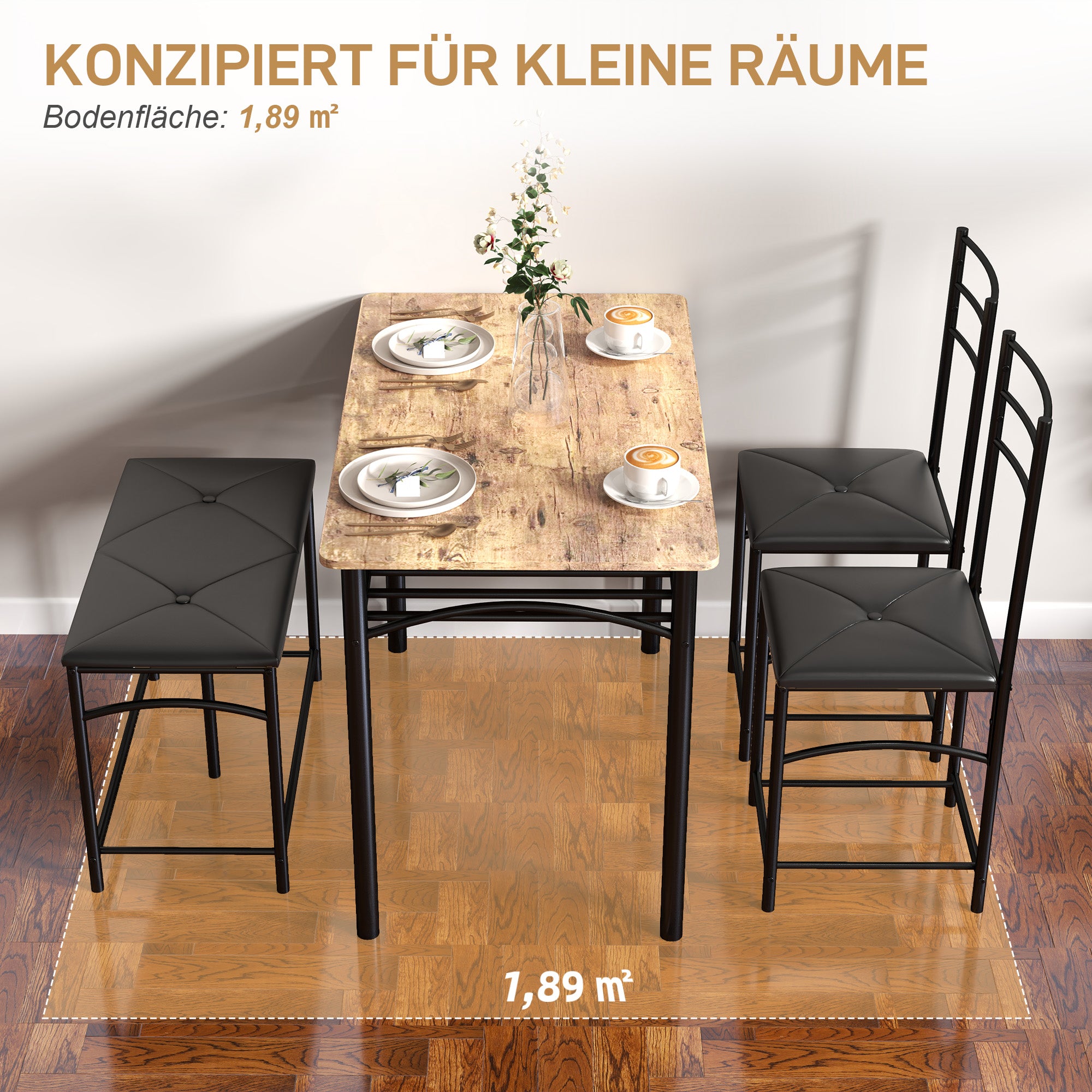 HOMCOM 4-teiliges Esszimmer-Set, Platzsparendes Set aus Tisch, 2 Stühlen und Bank, für kleine Räume, Metall, Holz, Braun
