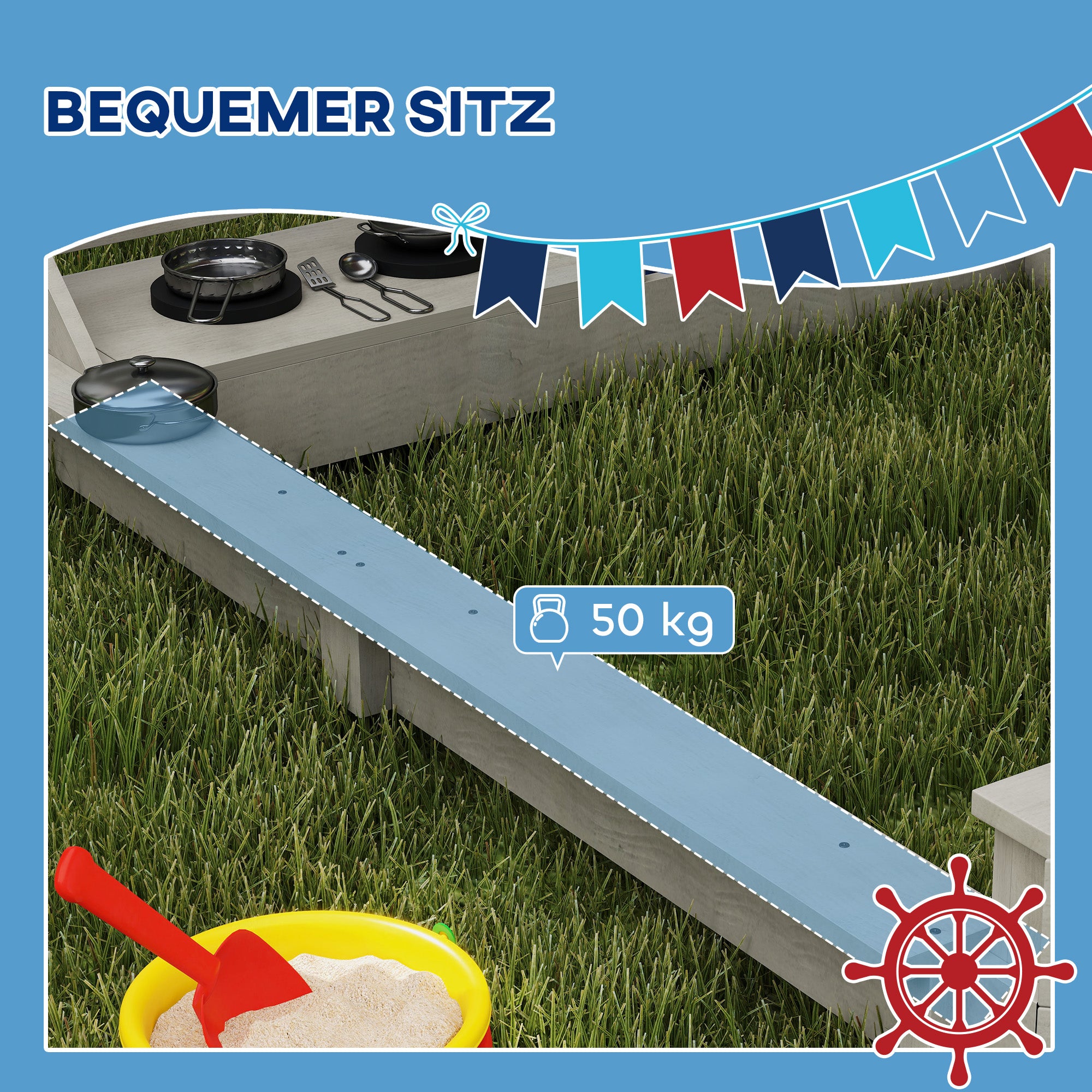 Outsunny Sandkasten mit Sonnendach Piratenschiff, inkl. Kinderküchenspielset, Massivholz, 180 x 103 x 144,5 cm, Grau