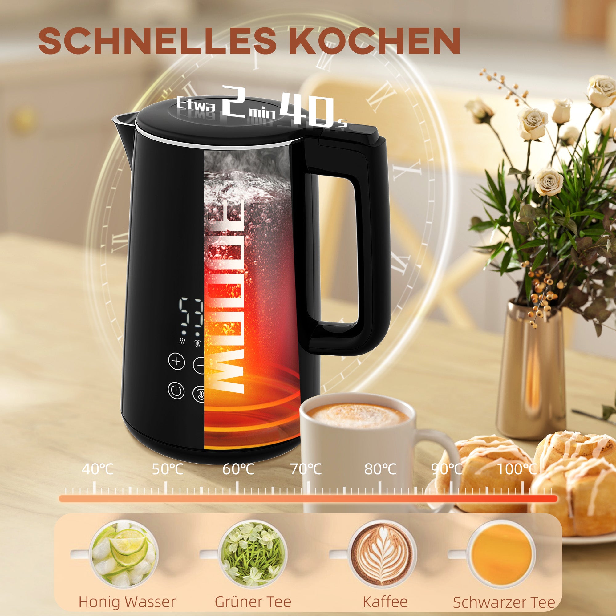 HOMCOM Küchenset mit Wasserkocher und Toaster, 7 Bräunungsstufen, schnelles Kochen, Edelstahl, Kunststoff, Schwarz