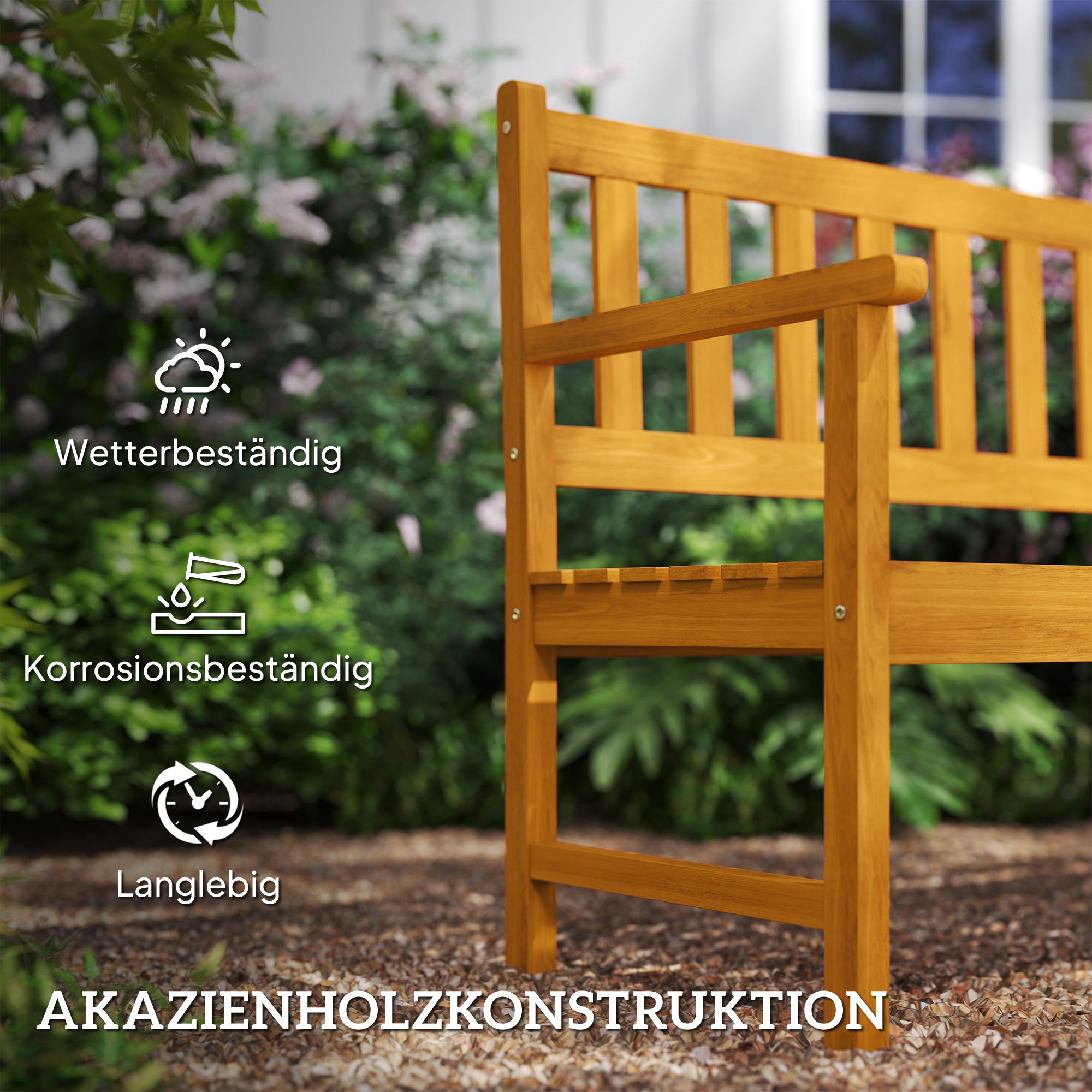 Outsunny 2-Sitzer Gartenbank Holz, wetterfest Sitzbank mit Rücken- & Armlehnen 320kg belast 149x56,5x89cm, Teak