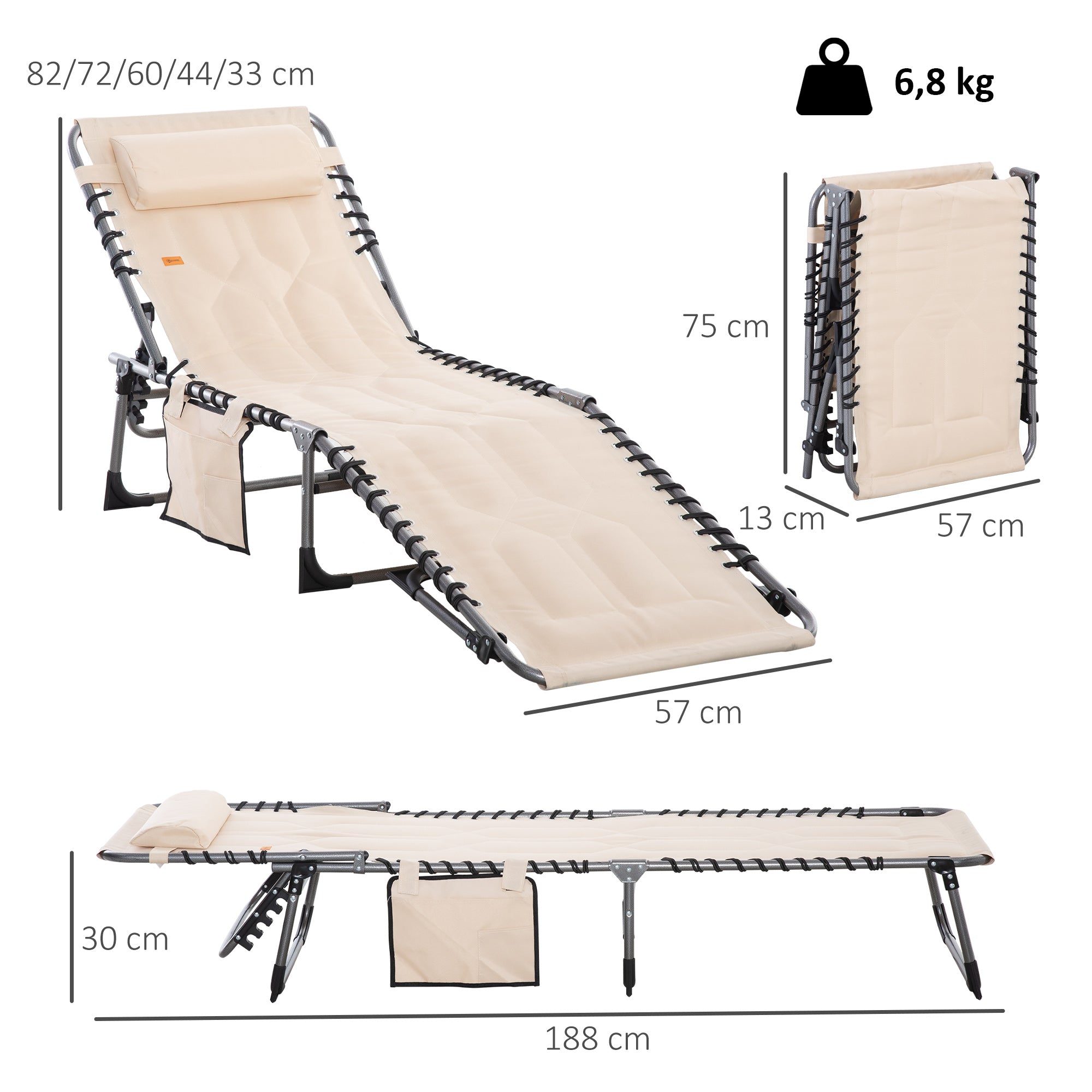 Outsunny Sonnenliege, Faltbare Gartenliege, Klappliege mit Kissen, 5-stufige Rückenlehne, Oxfordstoff, 188 x 57 x 30 cm, Beige