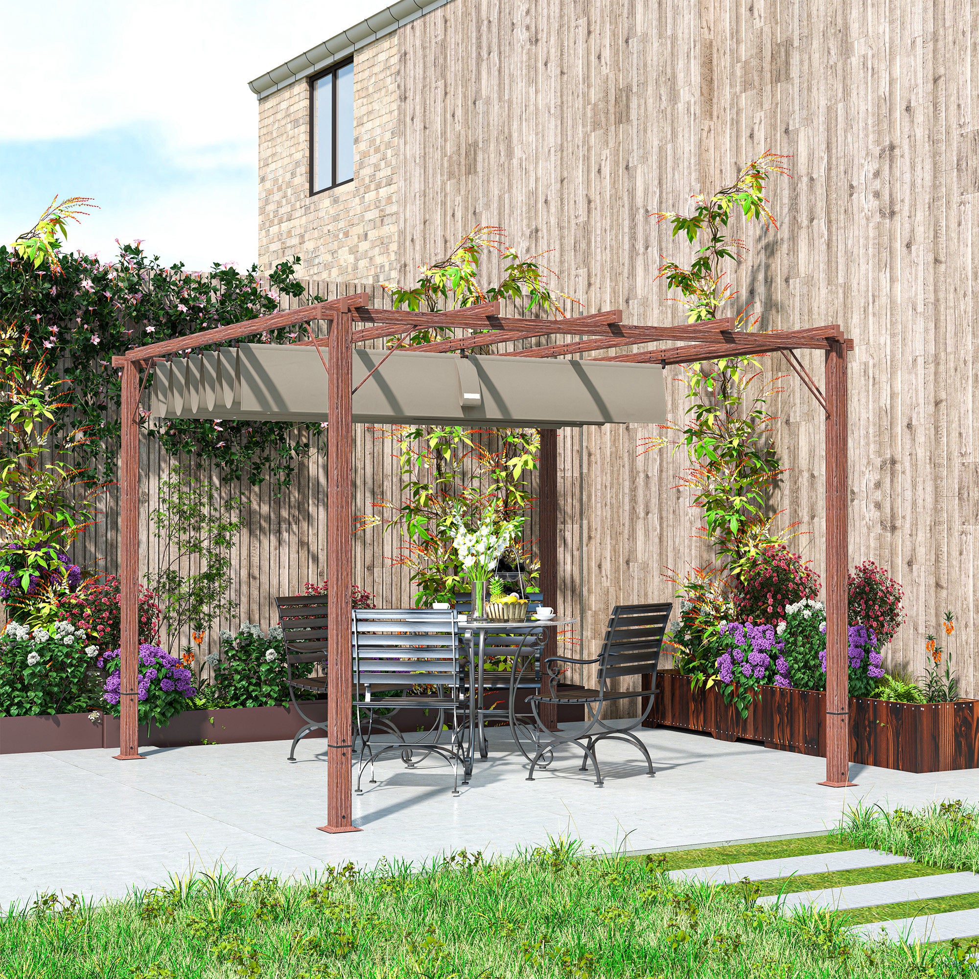 Outsunny 3 x 3 m Garten-Pergola, Verstellbares Terrassendach, Aluminium-Rahmen, UPF30+ Sonnenschutz, Naturholz