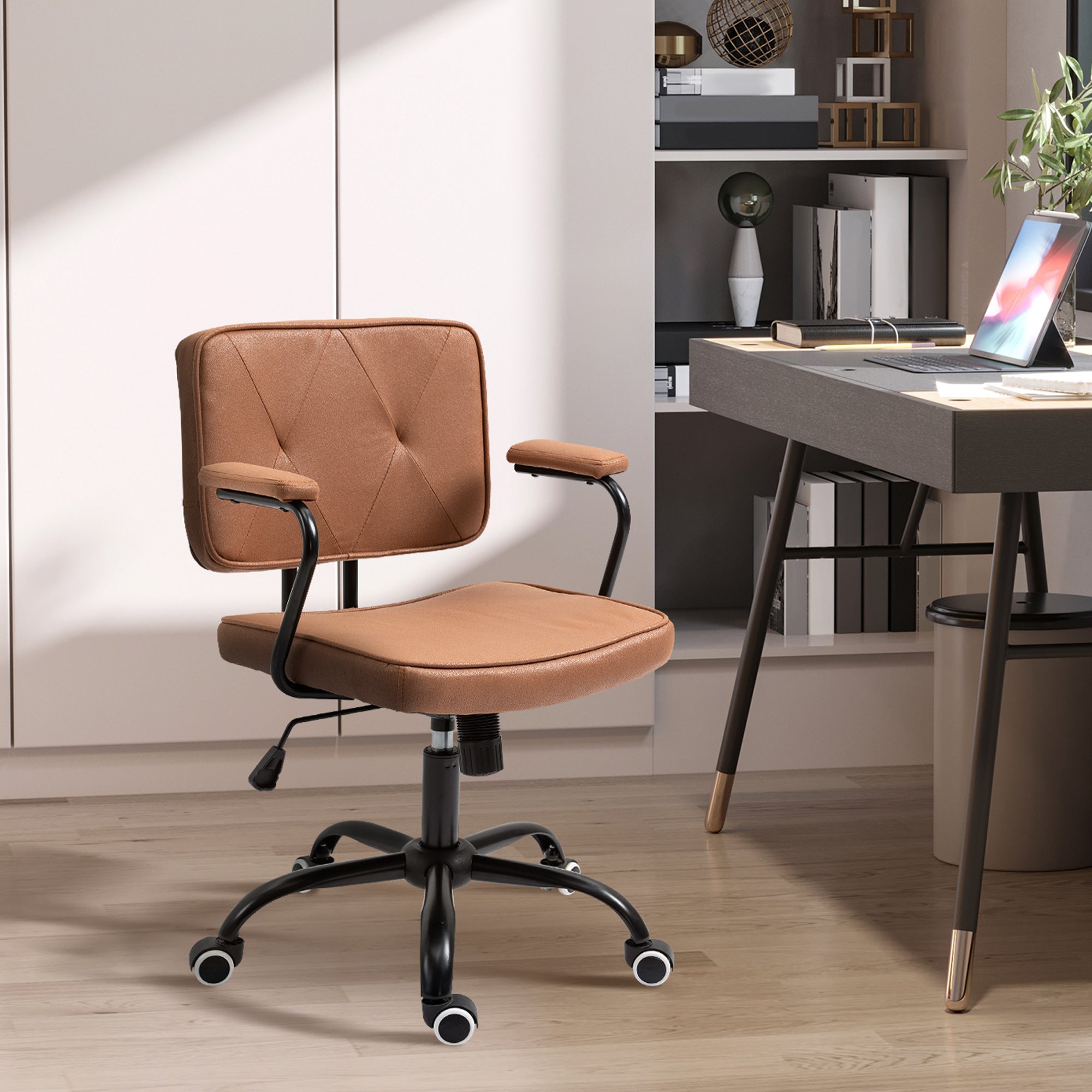 Vinsetto Bürostuhl mit Rollen Drehstuhl Schreibtischstuhl für Büro höhenverstellbar mit Wippfunktion 360°-Drehung neigbar Schaumstoff Braun 61 x 58 x 82-91 cm