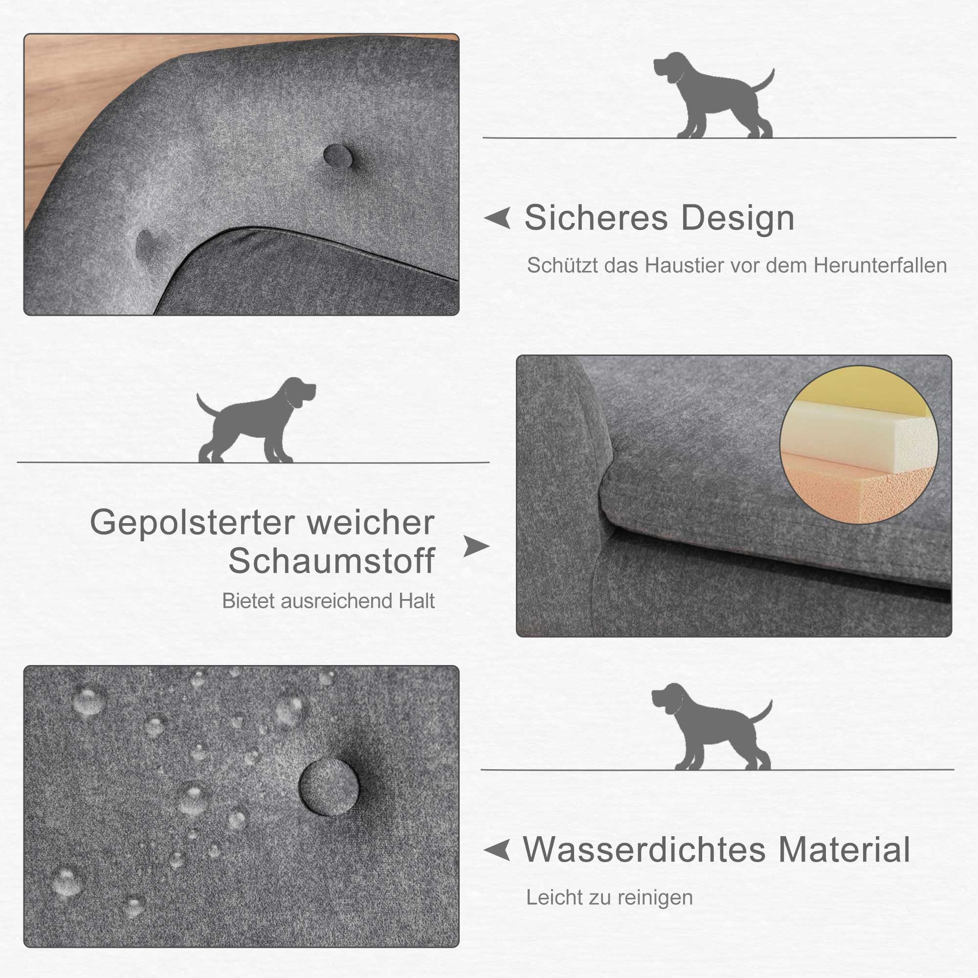 PawHut Haustiersofa Hundematte Hundebett Hundesofa Hundecouch Katzen Sofa mit Kissen Rückentasche Plüsch Schaumstoff Kiefernholz Dunkelgrau 70 x 47 x 30 cm