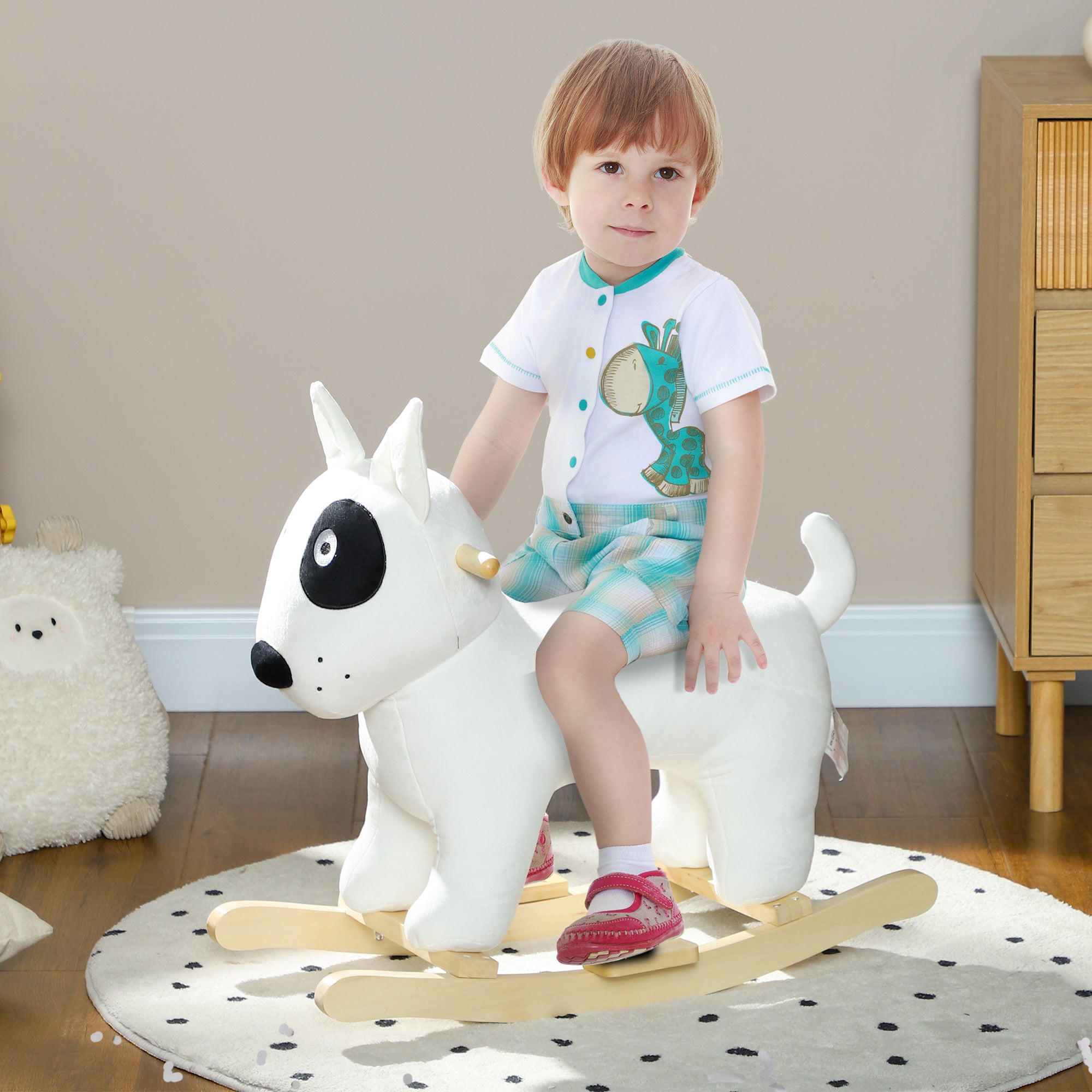 AIYAPLAY Schaukelpferd in Hundeform mit Soundfunktion, aus Holz und Metall, mit Plüschbezug, 2-4 Jahre, Weiß