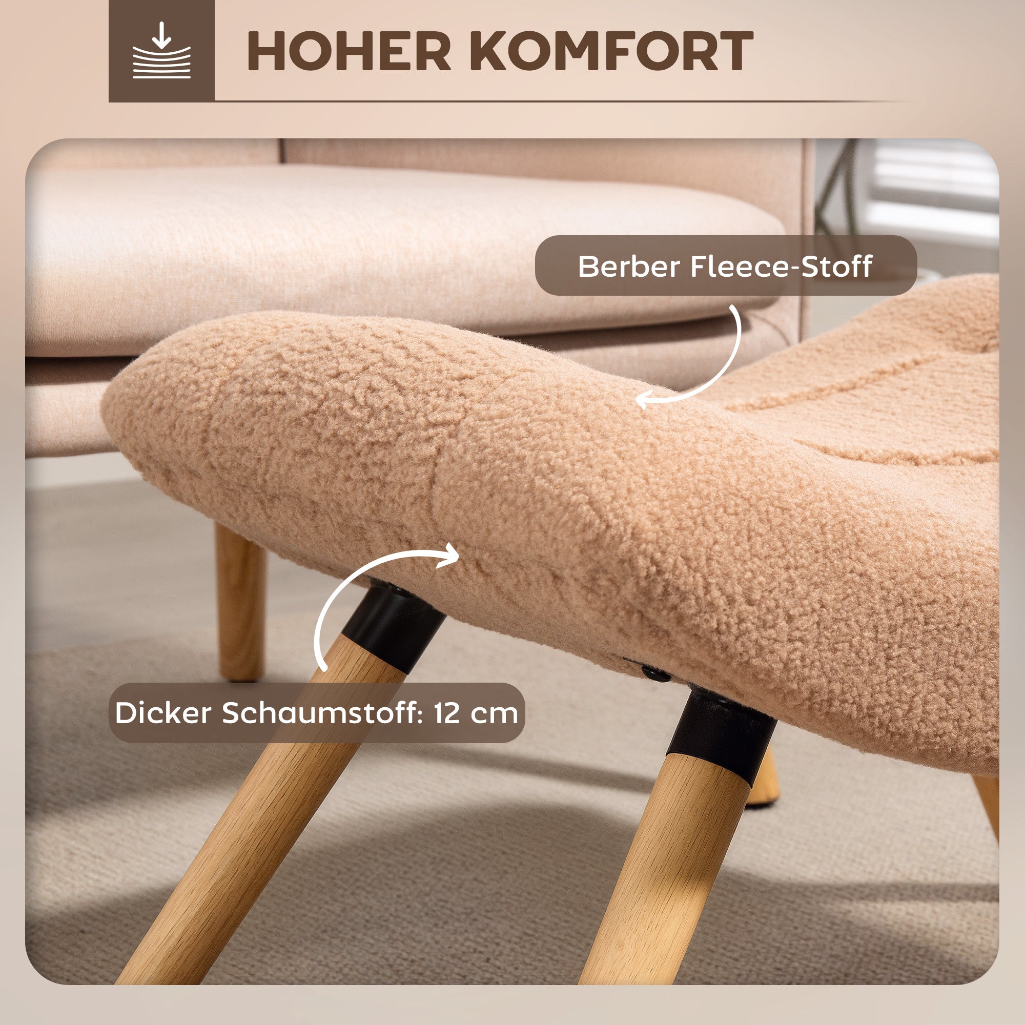 HOMCOM Moderner Fußhocker mit Fleece-Bezug und Holzbeinen, gepolstert, für Wohnzimmer, Schlafzimmer, Flur, Braun