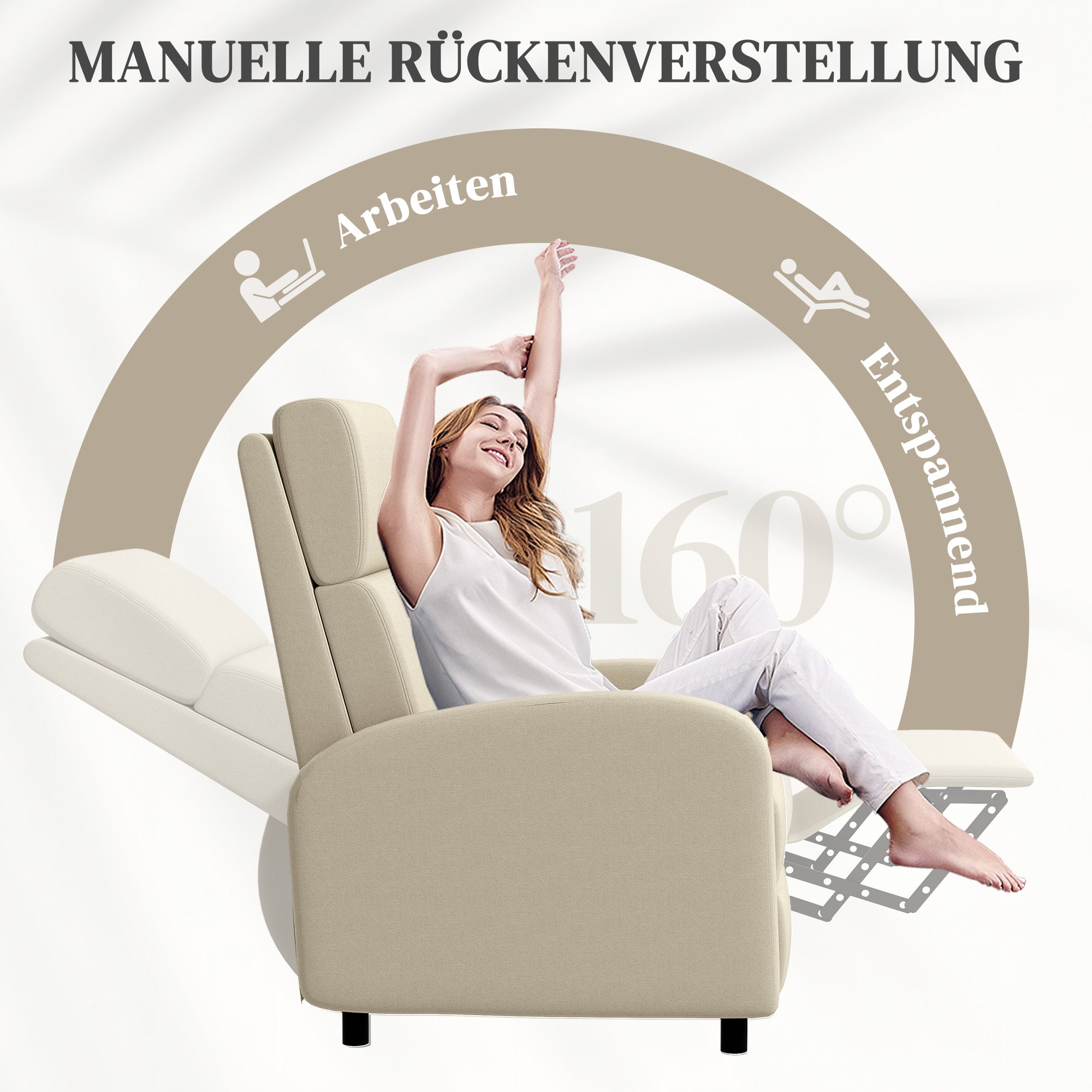 HOMCOM Relaxsessel Fernsehsessel, ausklappbare Fußstütze, neigbar bis zu 160°, 64 x 86 x 102 cm, Creme