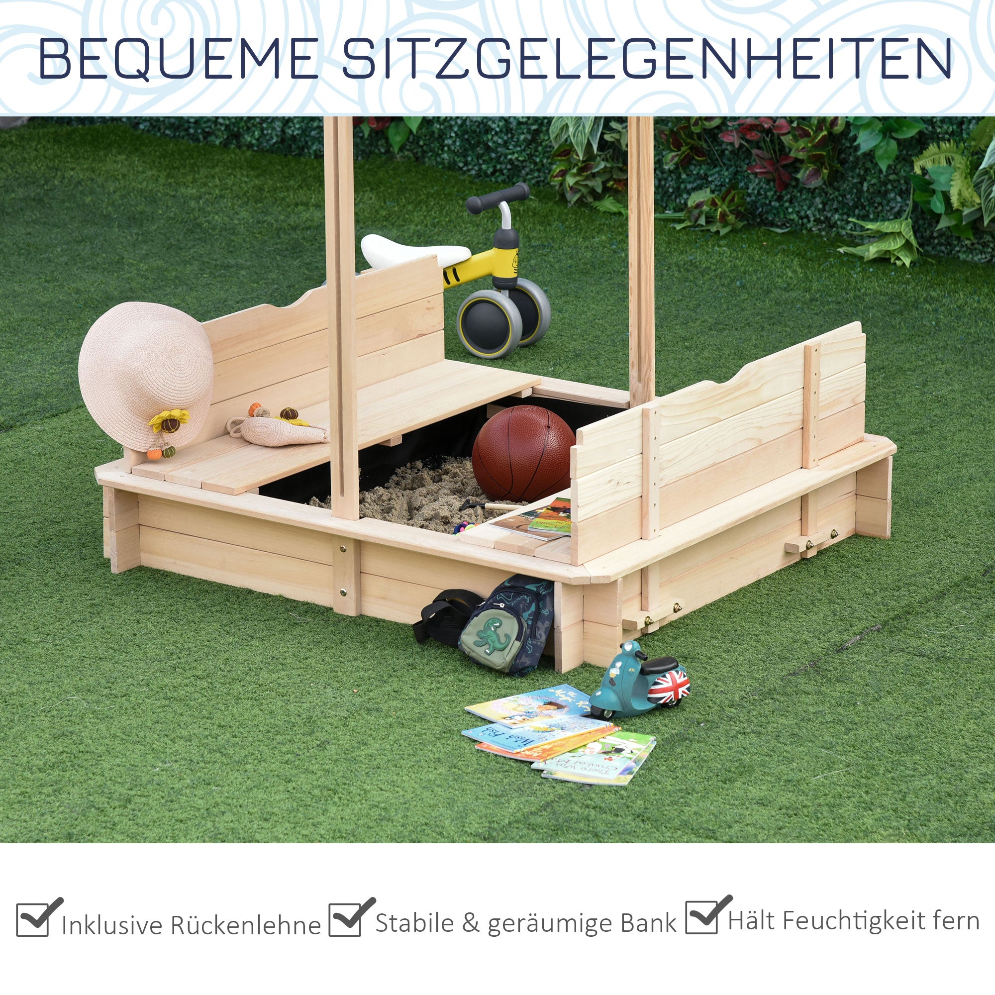 Outsunny Sandkasten Sandkiste aus Holz für Garten Sandkasten mit Dach Felix Kindersandkasten mit Dach abnehmbar Rücklehnen verstellbar Tannenholz 3-7 Jahren 106 x 106 x 115 cm Natur