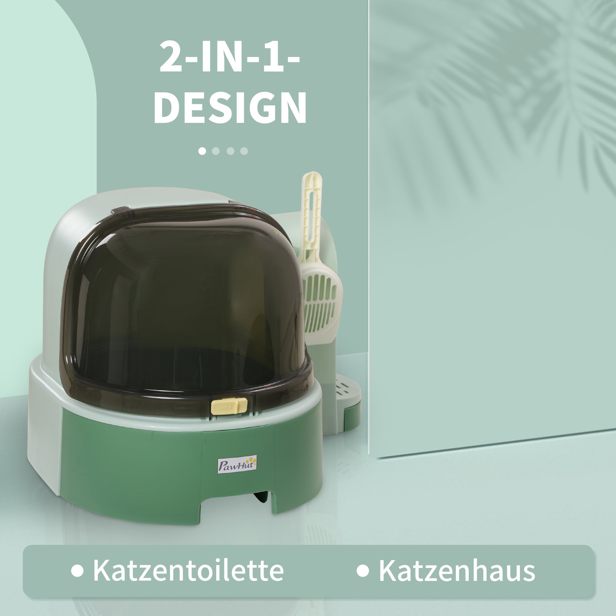 PawHut Katzentoilette, 2 herausziehbare Bodenwannen, 1 Schaufel, Streuauffangfach, abnehmbare Haube, Grün + Schwarz