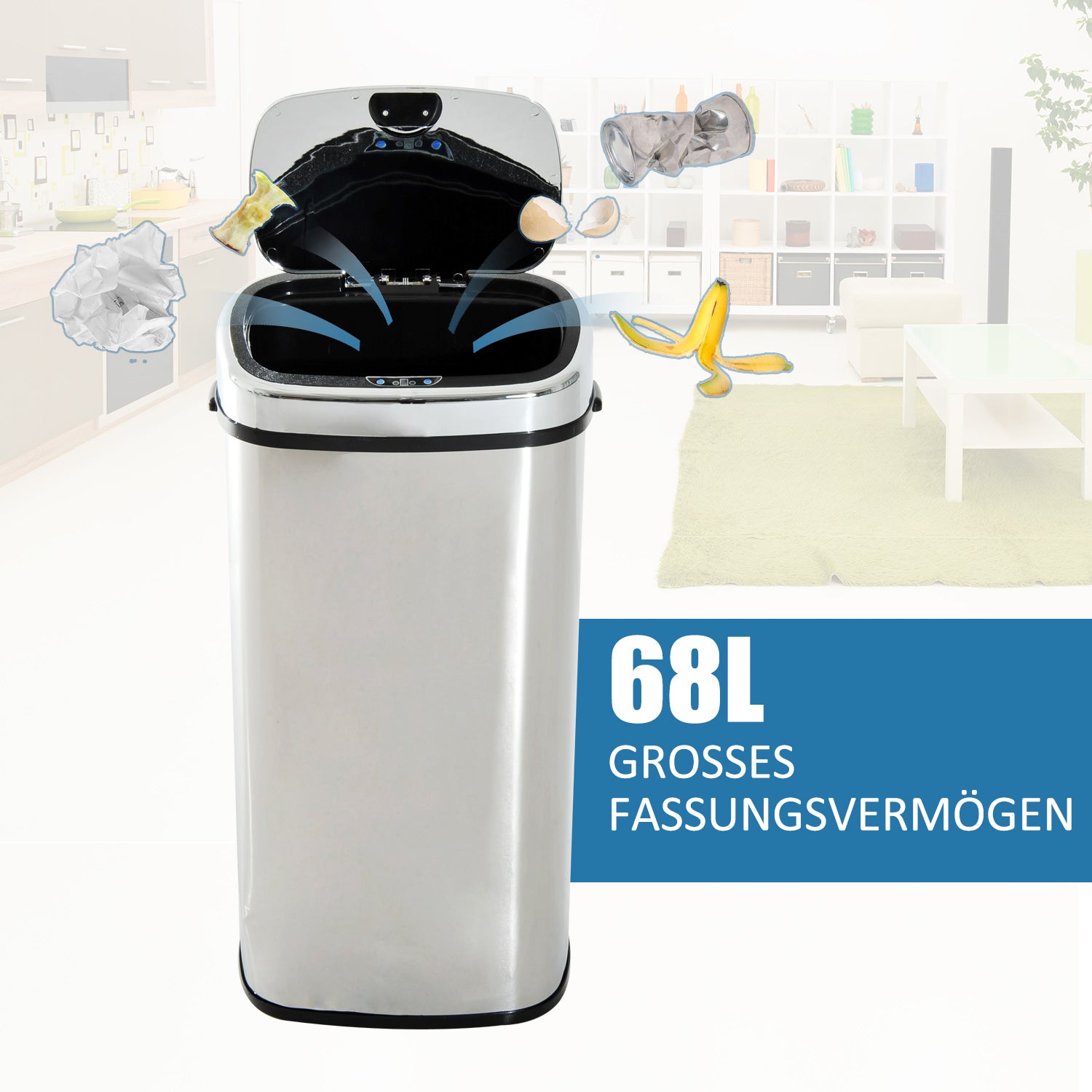 HOMCOM Sensor Mülleimer 68L Automatik Mülleimer mit Bewegungssensor, Wasserdichter Abfalleimer für Büro, Schlafzimmer, Küchen Edelstahl Silber