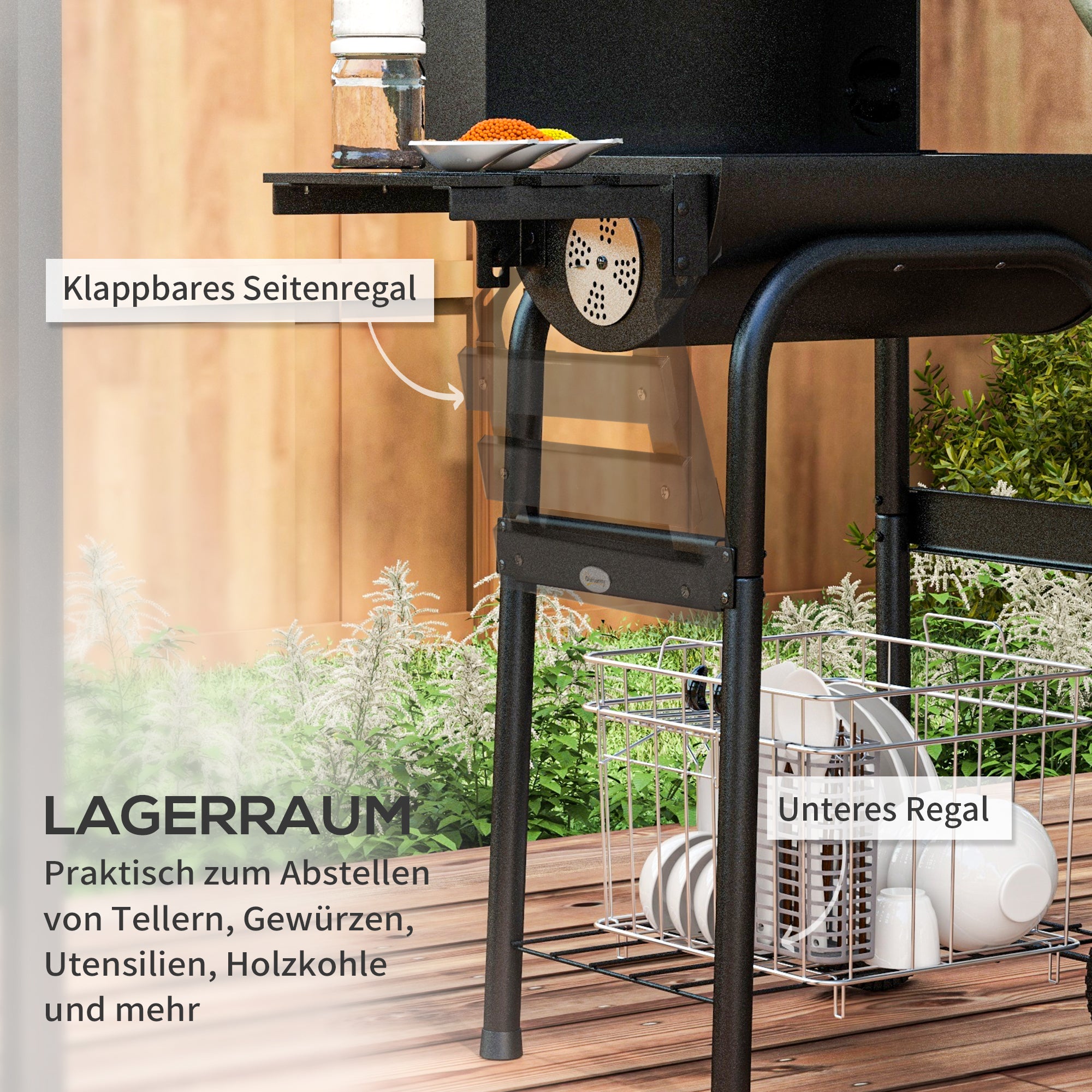 Outsunny Holzkohlegrill Smoker BBQ-Grill, 1 Ablage,inkl. Thermometer, 83 x 46.5 x 115 cm, Schwarz