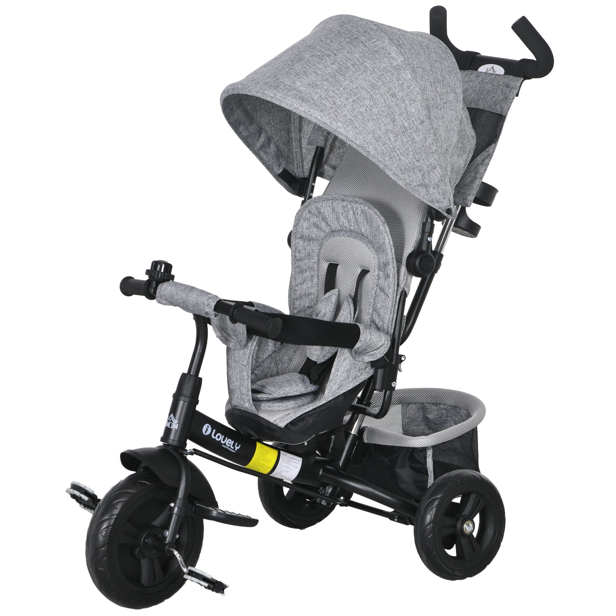 HOMCOM Kinder-Dreirad, Kinderfahrrad, Rückenkorb, Becherhalter, Sonnendach, Metall, Grau