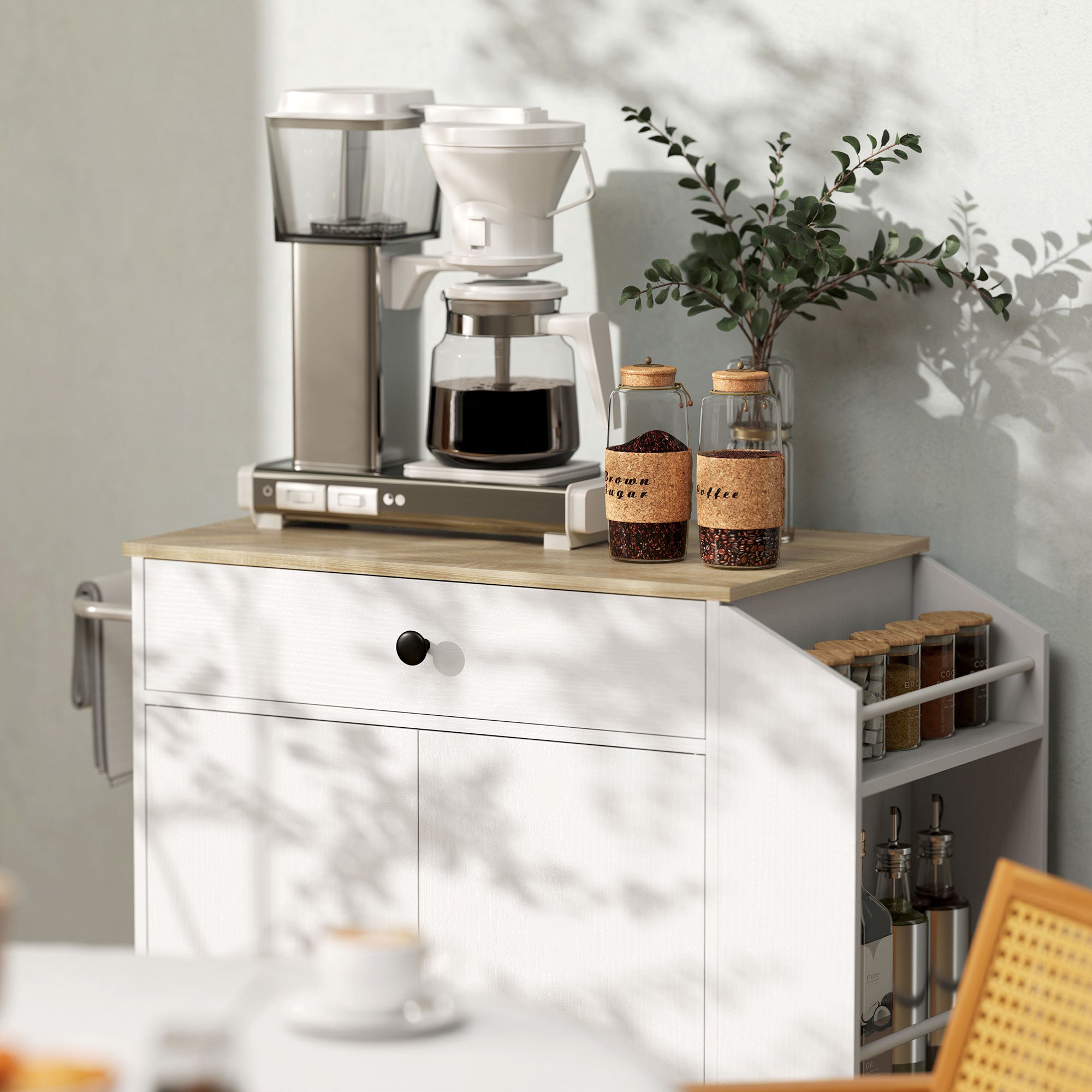 HOMCOM Küchenwagen mit Schublade, Schrankfach, Gewürzregal, Handtuchstange, 82 x 38 x 86,5 cm, Weiß/Eiche