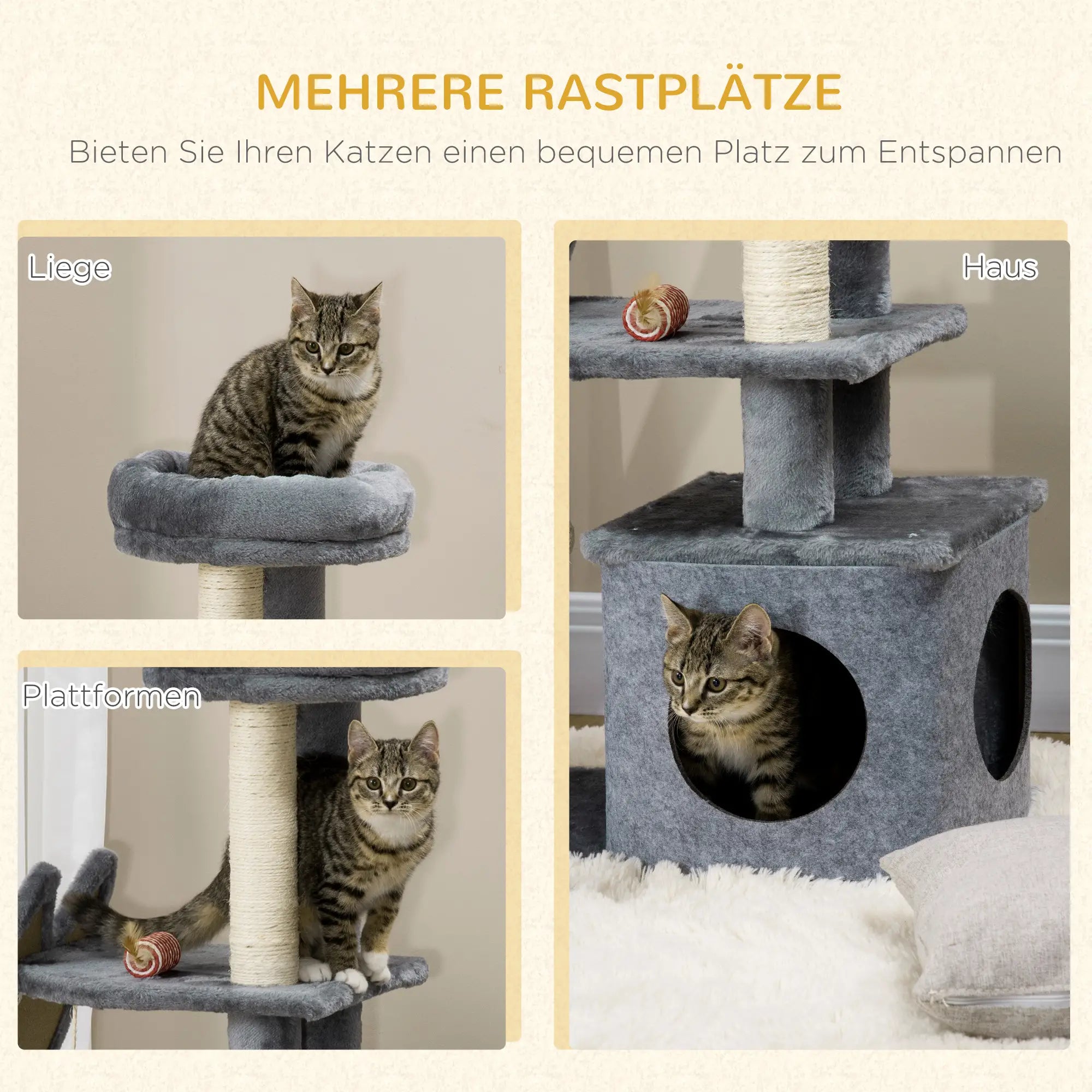 PawHut Kratzbaum Katzenbaum mit Spielball und Häuschen