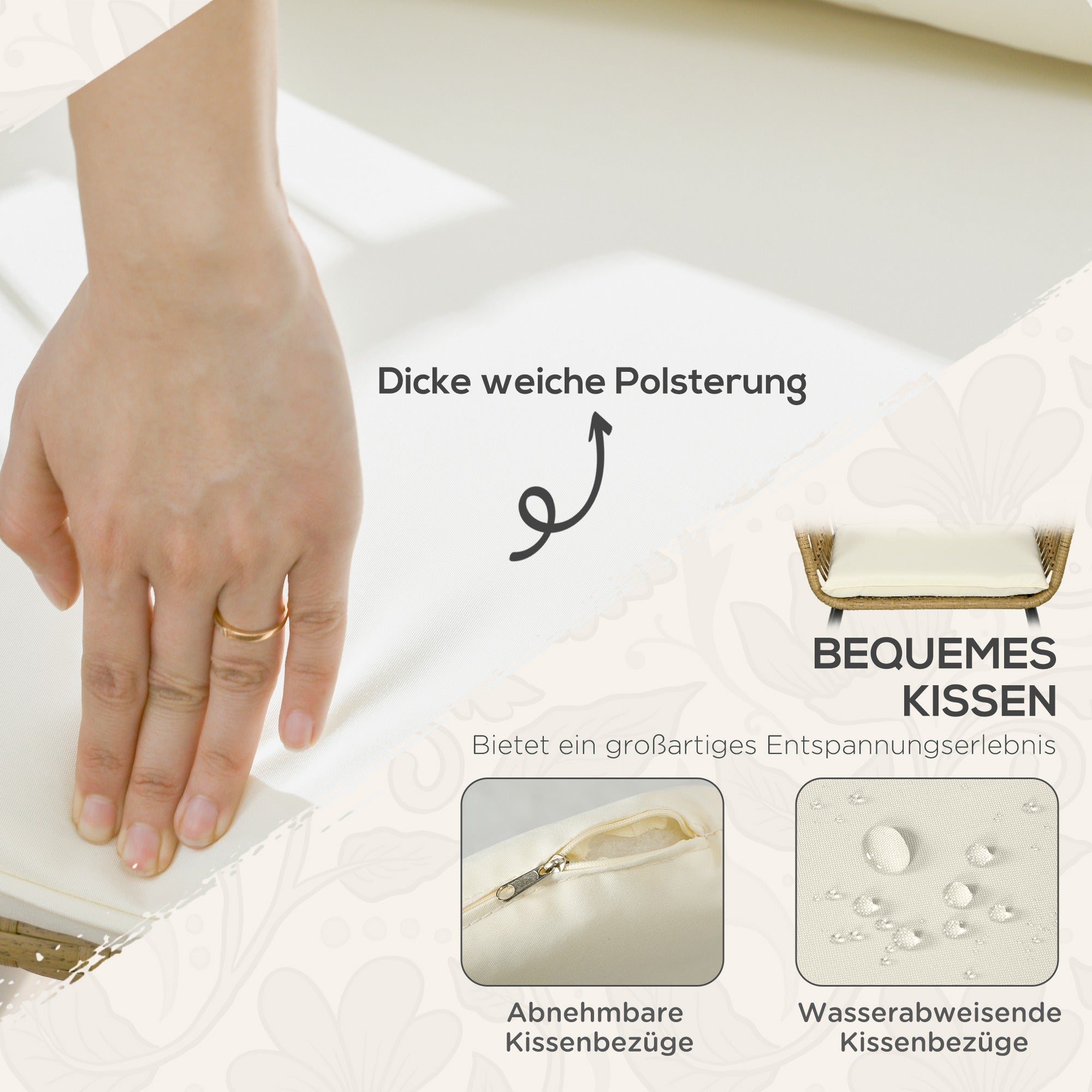 Outsunny Rattansitzgruppe Lounge-Set Outdoor-Sitzgruppe, Boho-Stil, 5-teilges Set, 145 x 70 x 78 cm, Creme + Natur + Schwarz