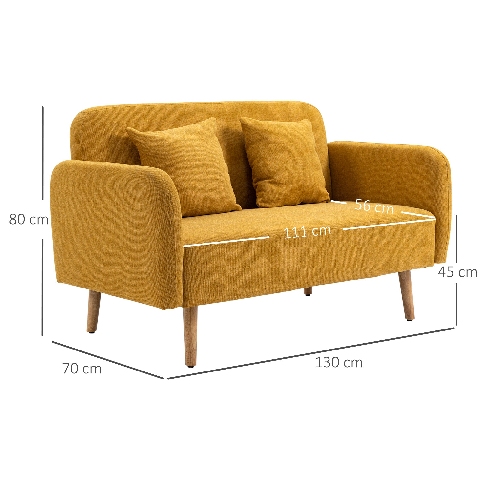 HOMCOM 2 Sitzer Sofa, Couch mit 2 Wurfkissen, gepolsterter Doppelsofa, Polstersofa mit Samtopik, Armlehne, Loveseat für Wohnzimmer, Schlafzimmer, 130 x 70 x 80 cm, Gelb