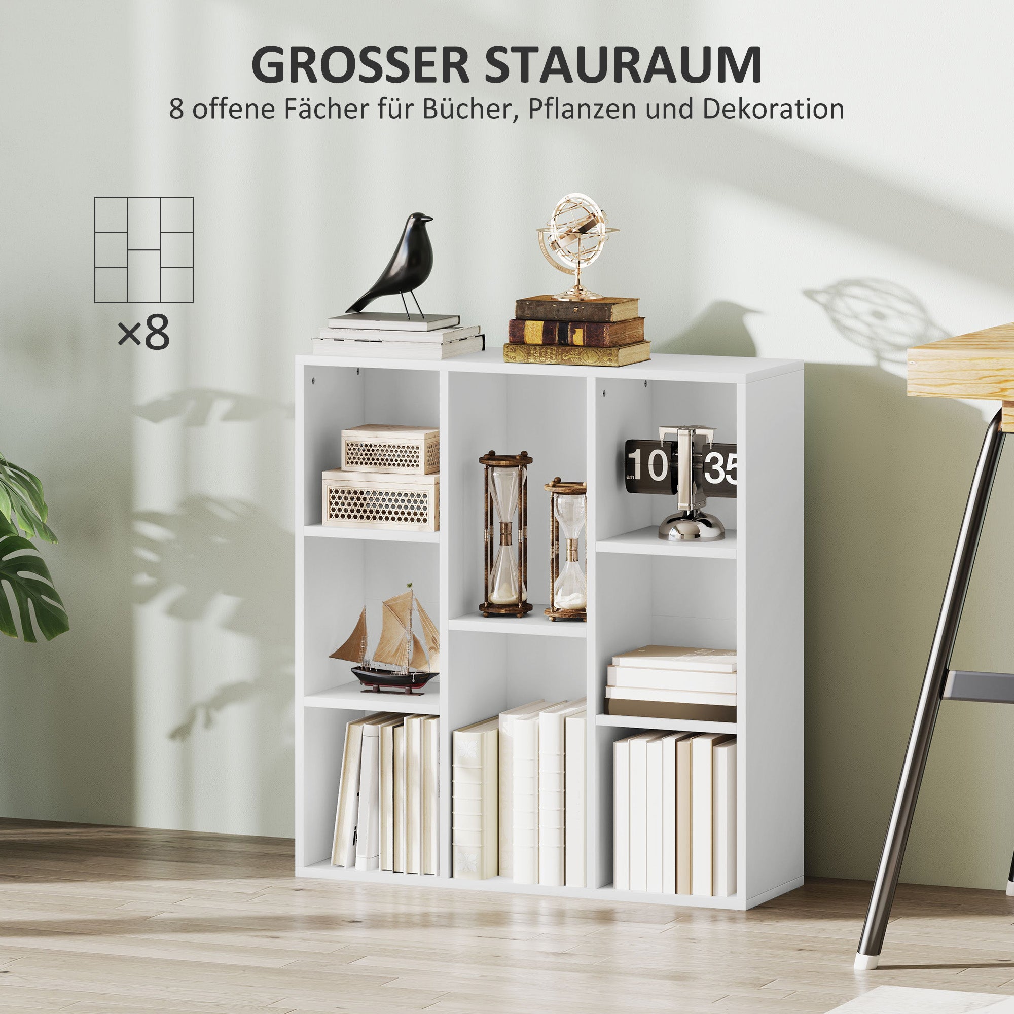 HOMCOM 3-Ebenen-Bücherregal, 8 Fächer, Spanplatte, Aufbewahrungsregal, Weiß