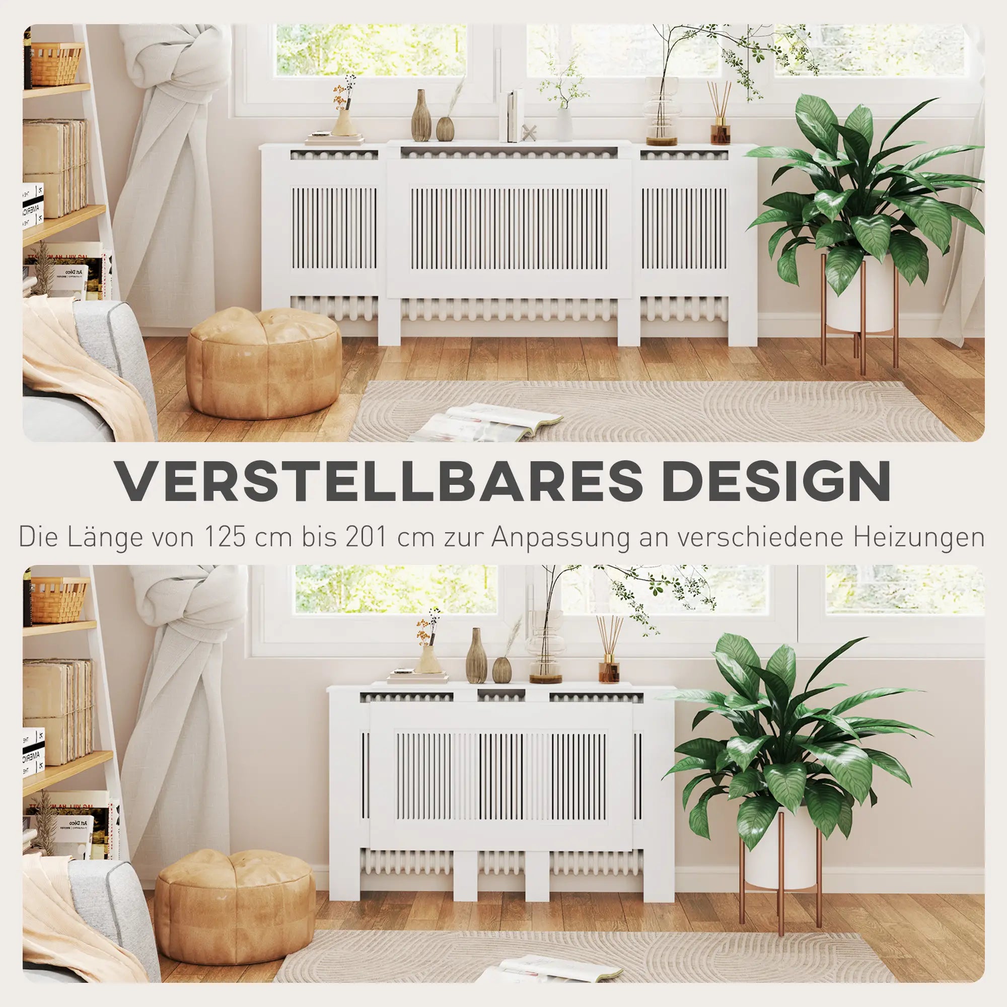 HOMCOM Heizkörperverkleidung, Lamellendesign, verstellbare Länge 125-201 cm, MDF, Weiß