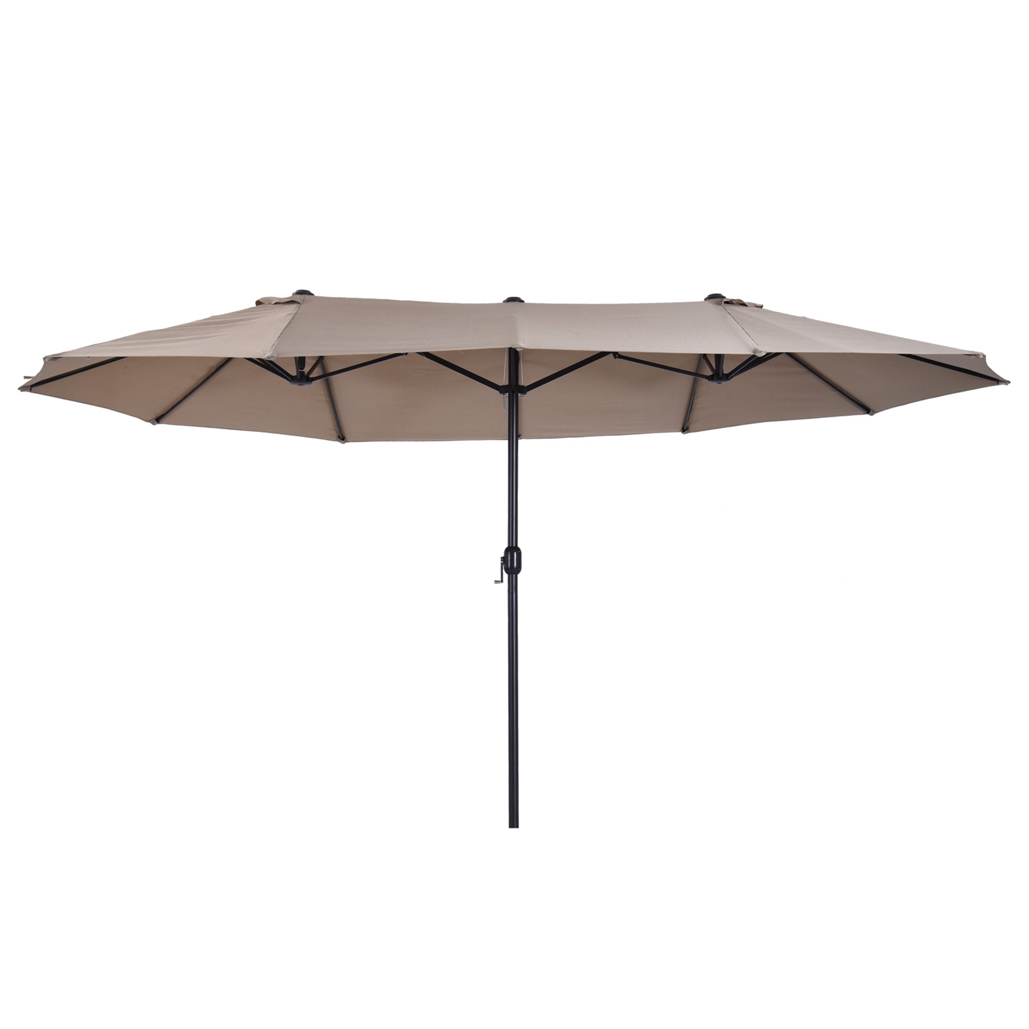 Outsunny Doppelsonnenschirm 455 x 270 cm Gartenschirm mit Handkurbel oval stabil Metallstange Marktschirm Doppelsonnenschirm Terrassenschirm Sonnenschutz für Strand Balkon Terrasse Garten Hellkaffee