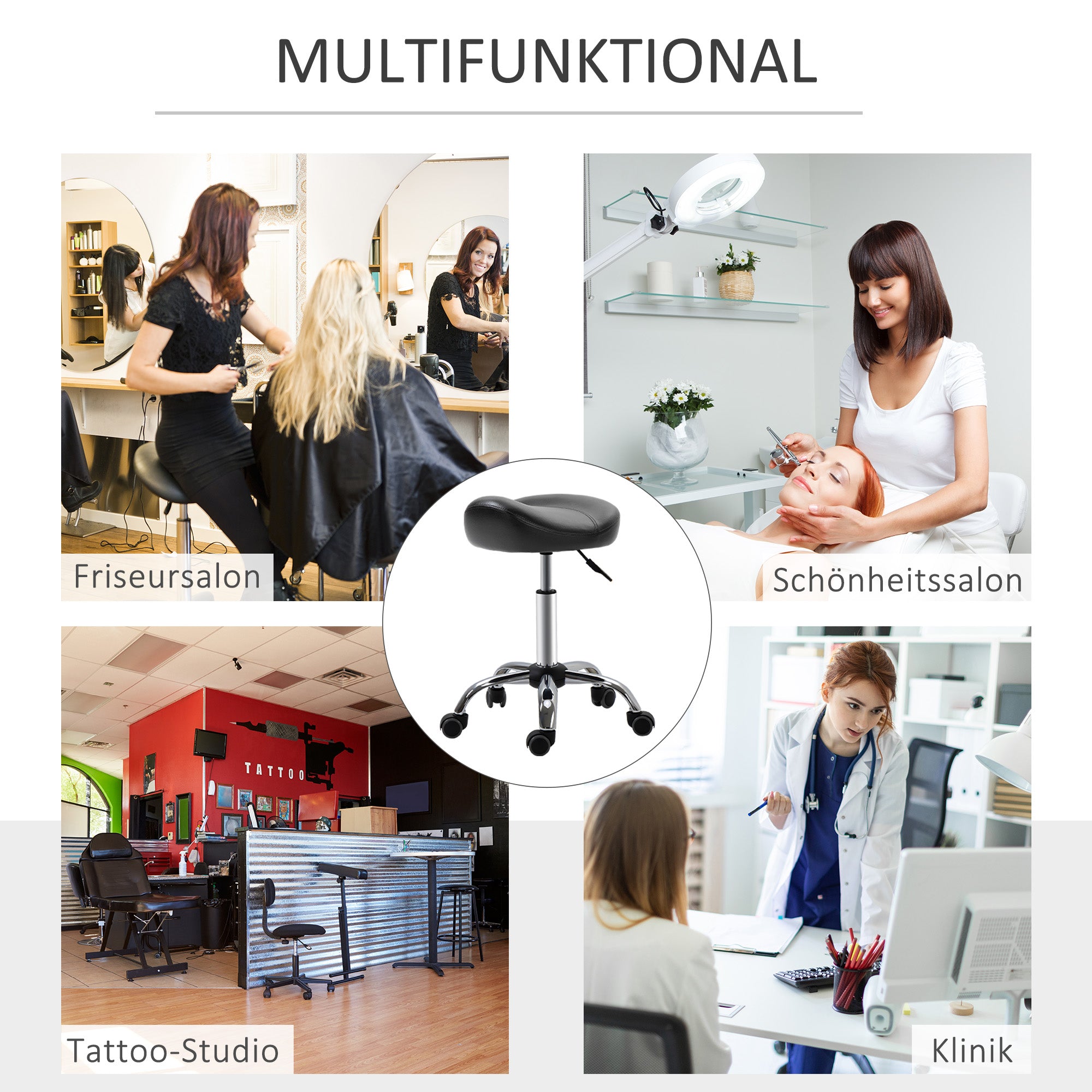 HOMCOM Salonhocker mit Sattelsitz, höhenverstellbar, Kunstleder, 48x48x54-69cm, Schwarz