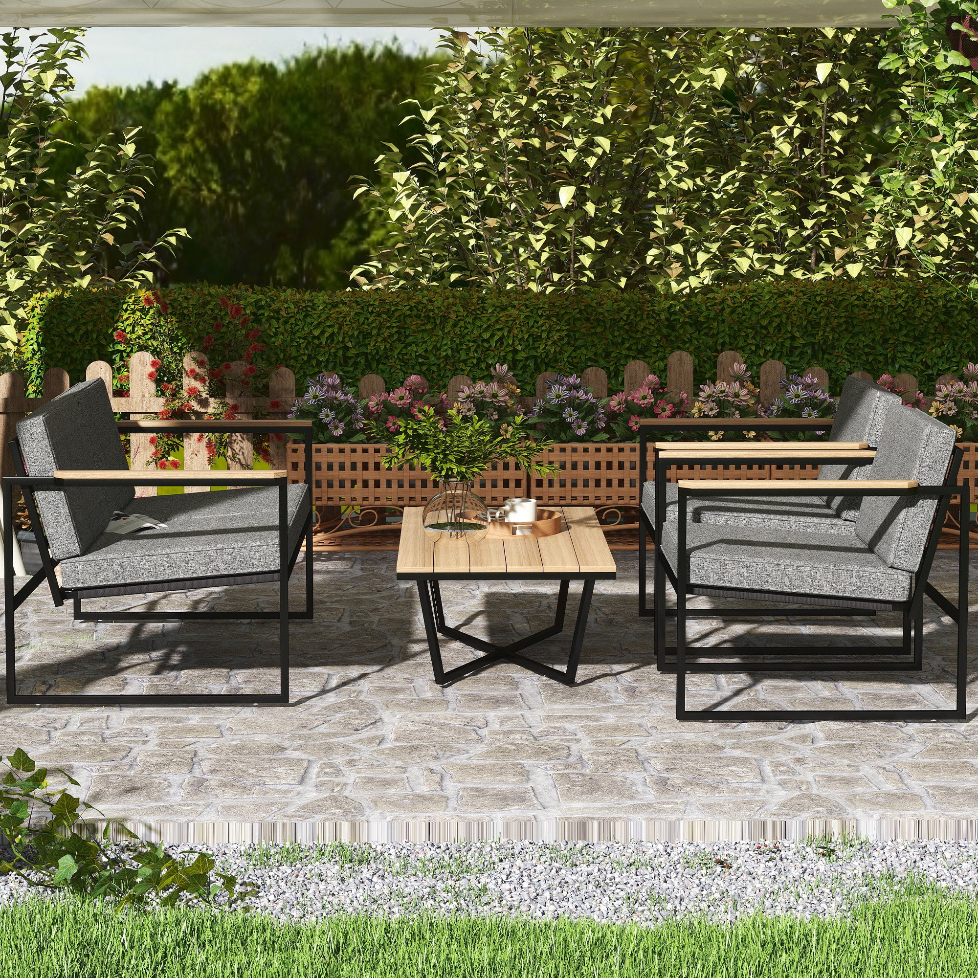 Outsunny Gartenmöbel Set 4 Personen wetterfest Balkonmöbel-Set mit 2er Sofa, 2 Stühle Sitzkissen Beistelltisch Grau
