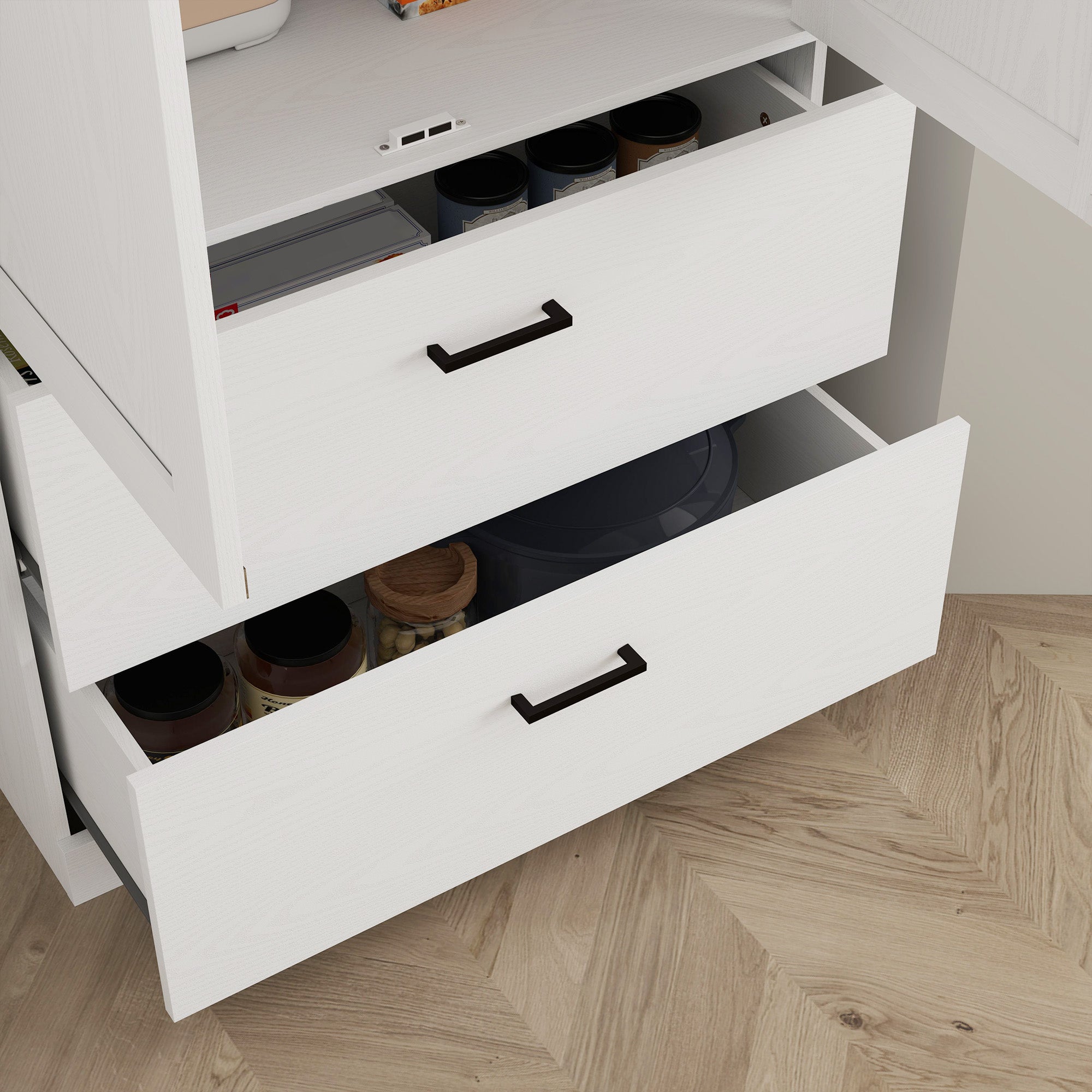 HOMCOM Freistehender Küchenschrank mit verstellbaren Regalen und zwei breiten Schubladen für Wohnzimmer, Küche, Weiß