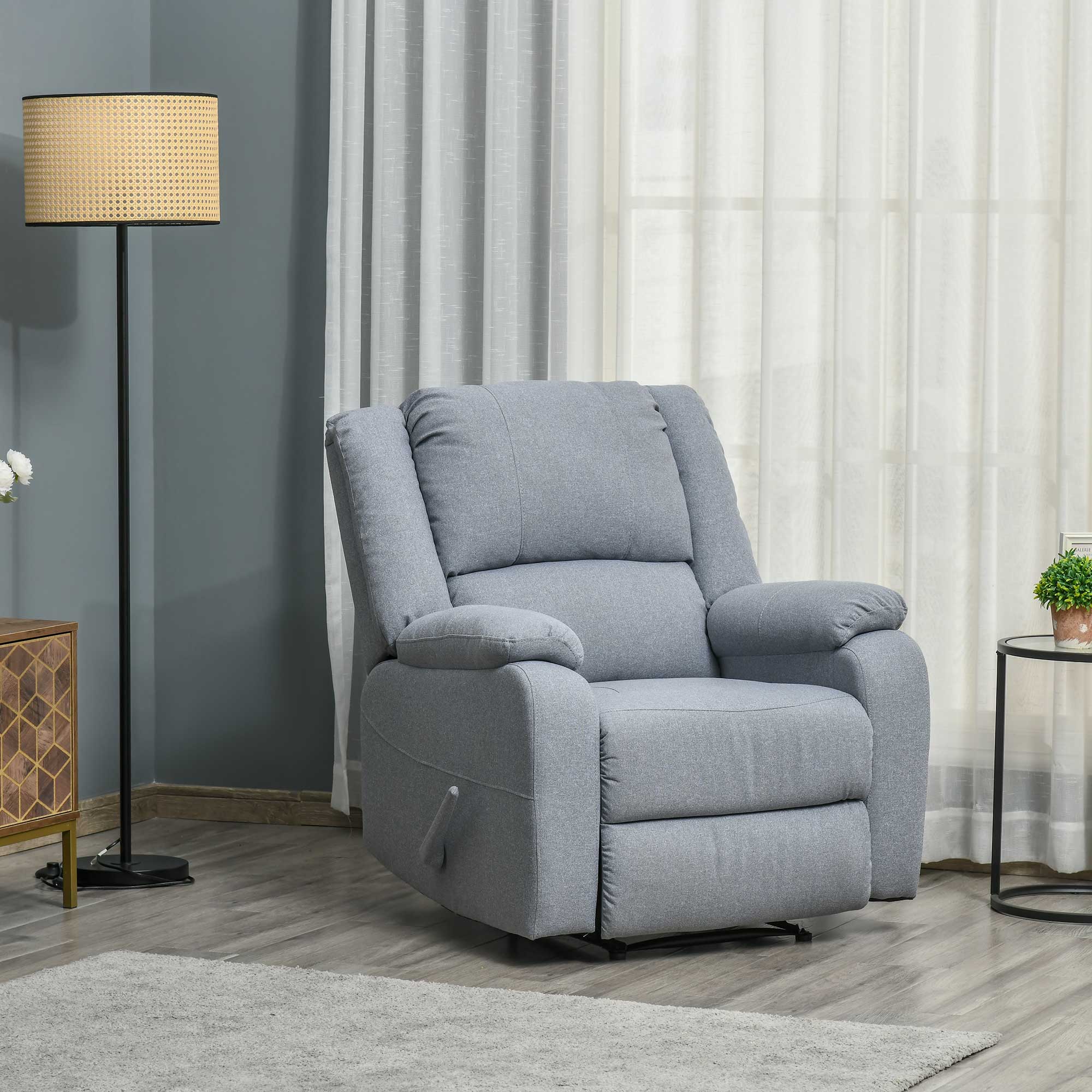 HOMCOM Relaxsessel Manuell Fernsehsessel mit Liegefunktion, Leinenoptik, TV-Sessel mit Seitengriff, Fußstütze, bis 150 kg Belastbar, für Wohnzimmer, Hellgrau