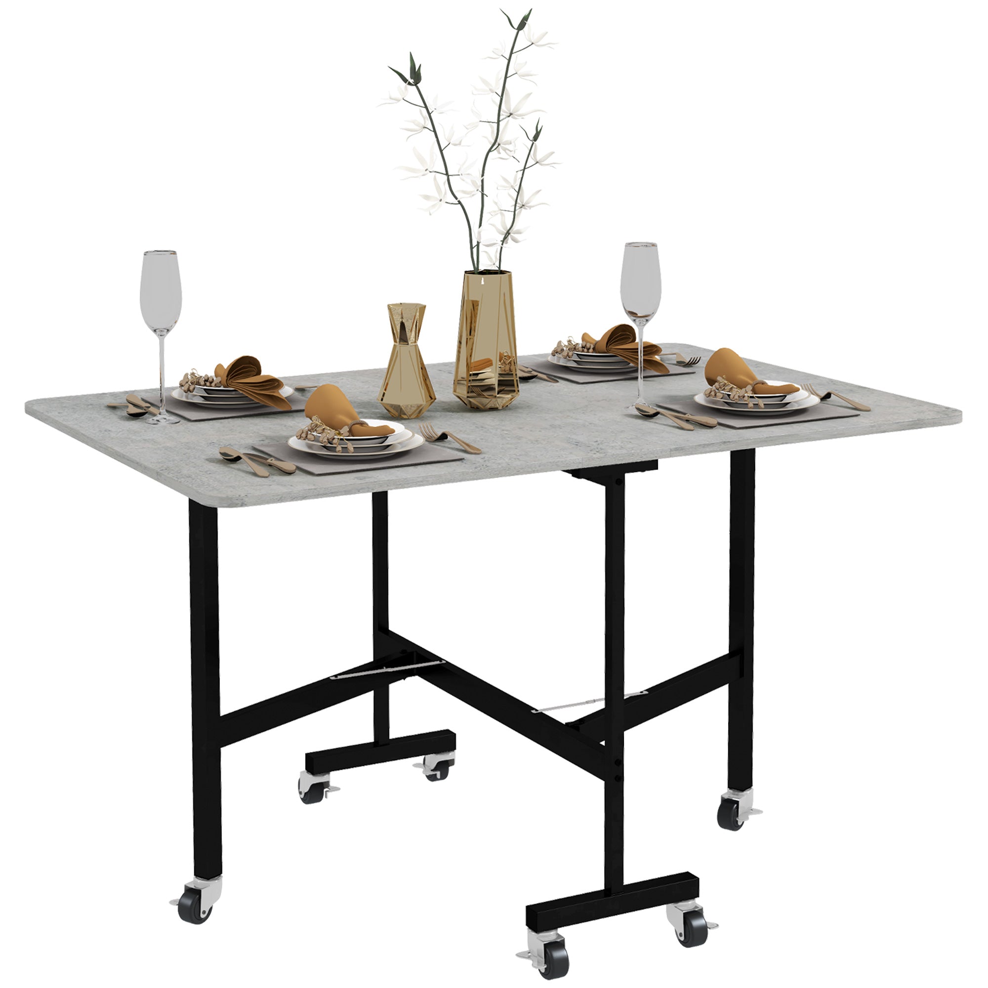 HOMCOM Esstisch für 4-6 Personen, Klapptisch mit Rollen, Stahlgestell, 52,5-120 x 80 x 73 cm, Grau