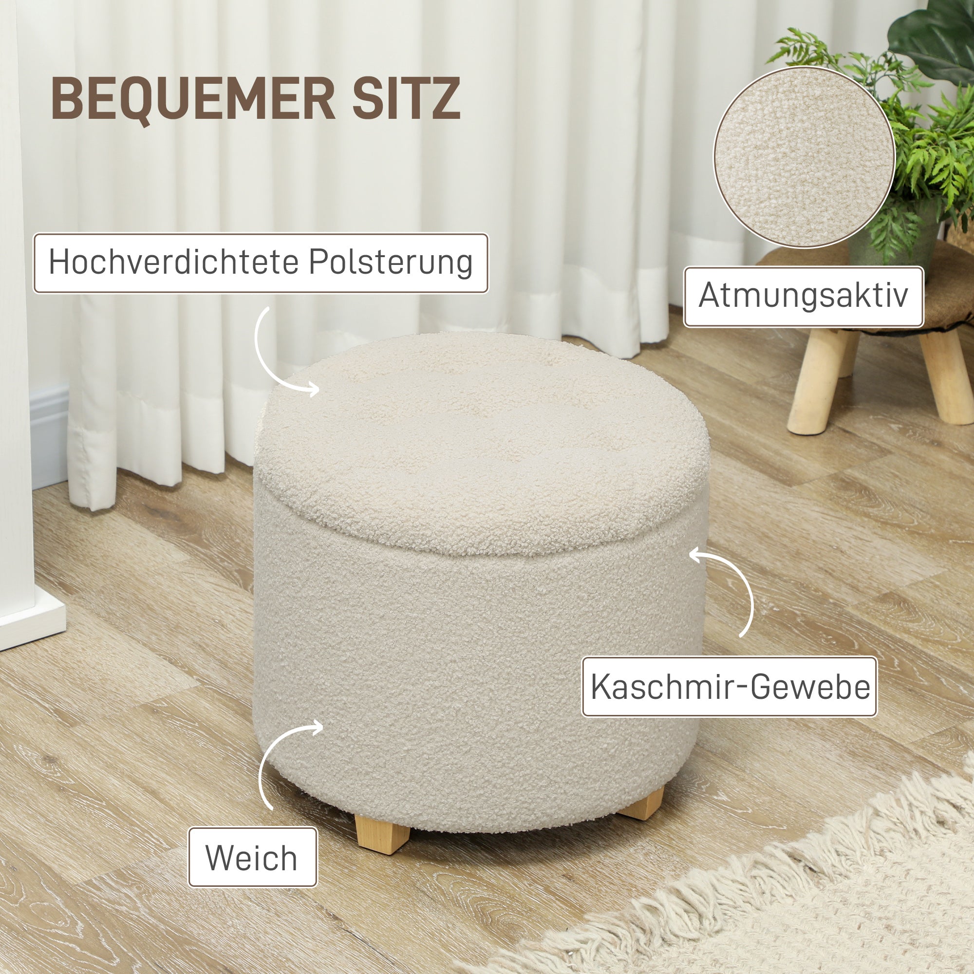 HOMCOM Runder Sitzhocker mit Stauraum, Deckel und Holzbeinen, Fußhocker für Wohnzimmer, Flur, Schlafzimmer, Cremeweiß