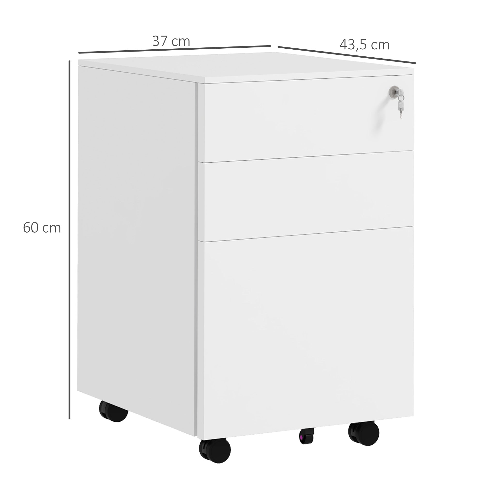 Vinsetto Rollcontainer Aktenschrank, 3 Schubladen, abschließbar, rollbar, 37 cm x 43,5 cm x 60 cm, Weiß