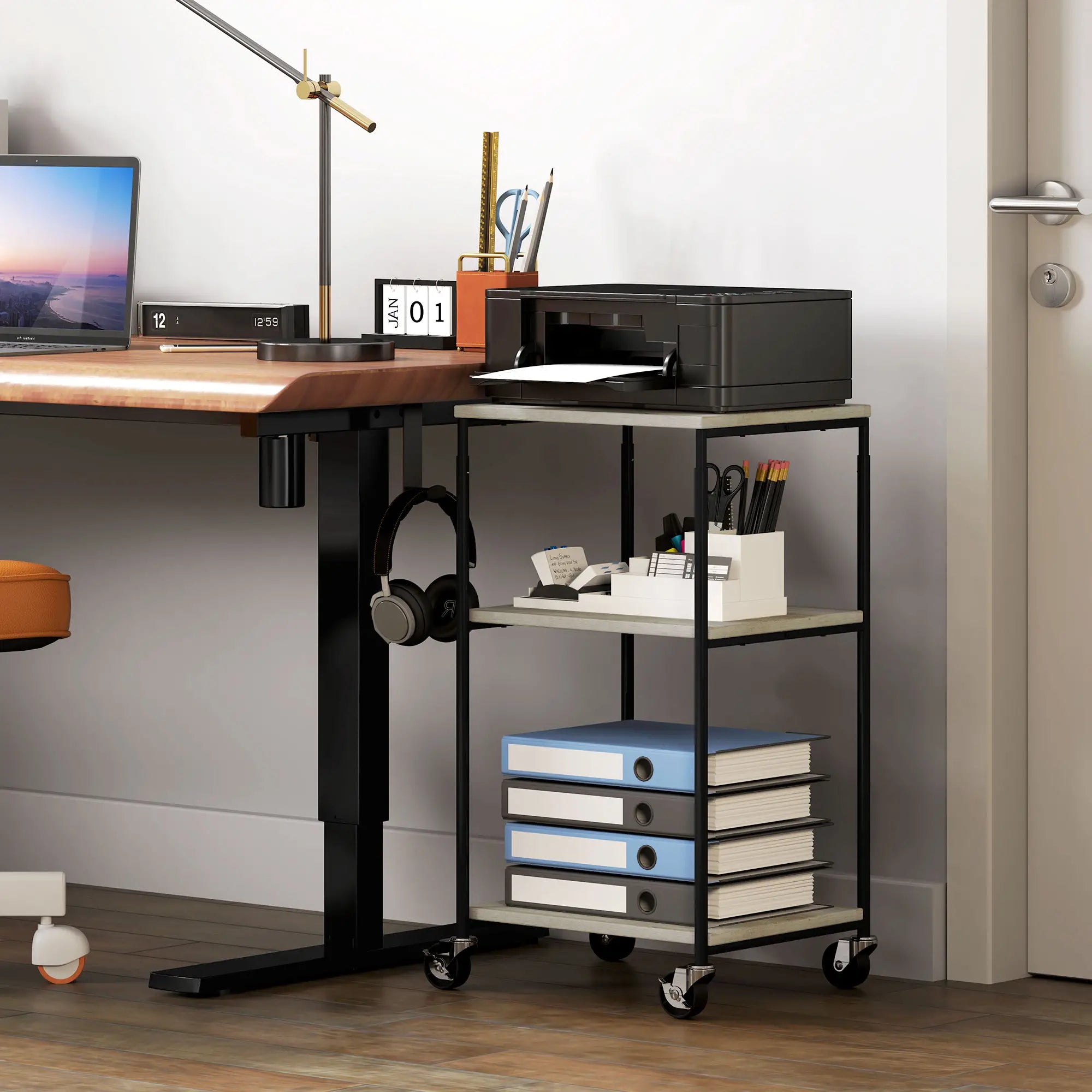 HOMCOM Druckerständer mit 3 Ebenen, höhenverstellbar, Mobiler Druckertisch auf Rollen, für Homeoffice, Metall und Holz