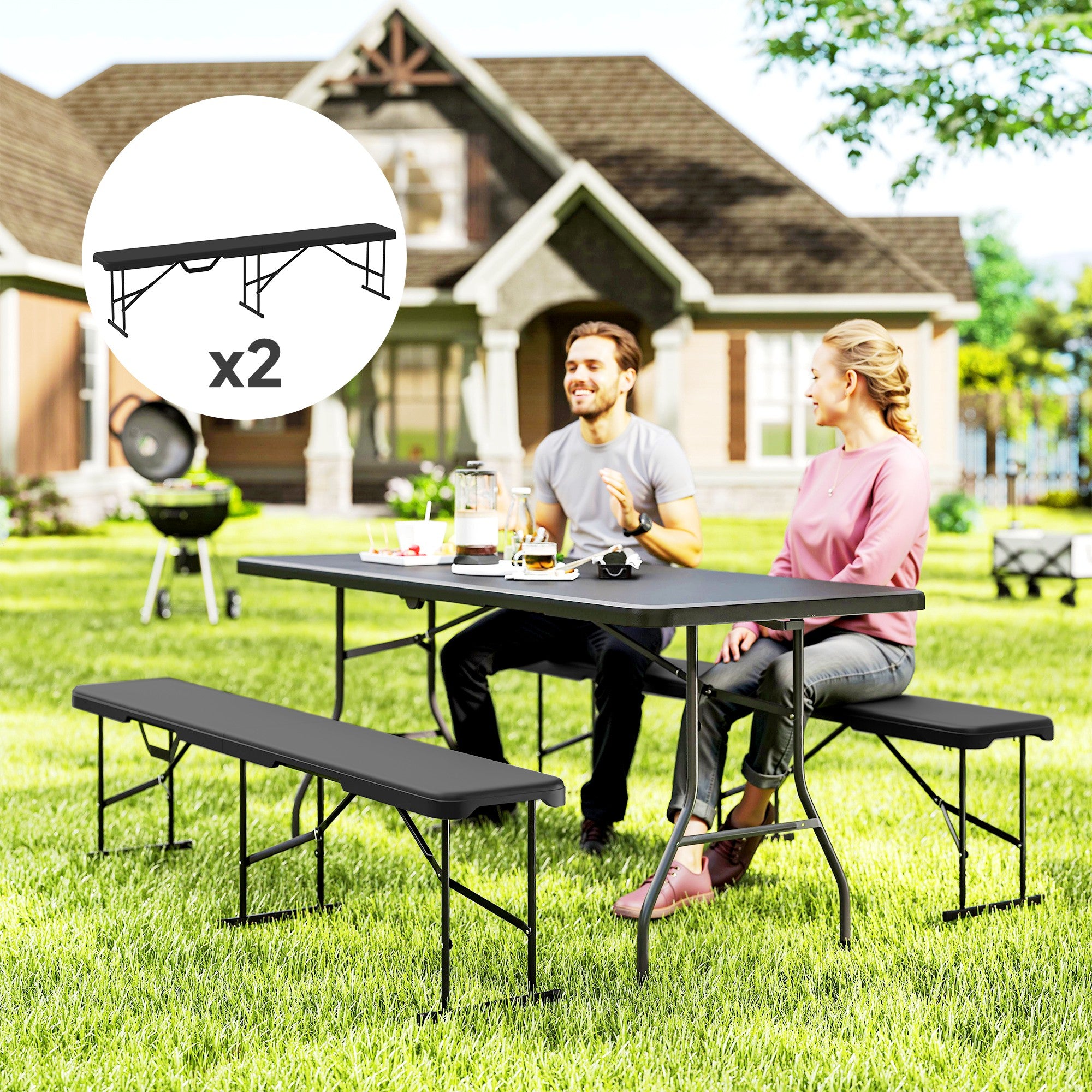 Outsunny Campingbank, Kunststoff-Outdoor-Bank, 240 kg Belastbarkeit, Schwarz