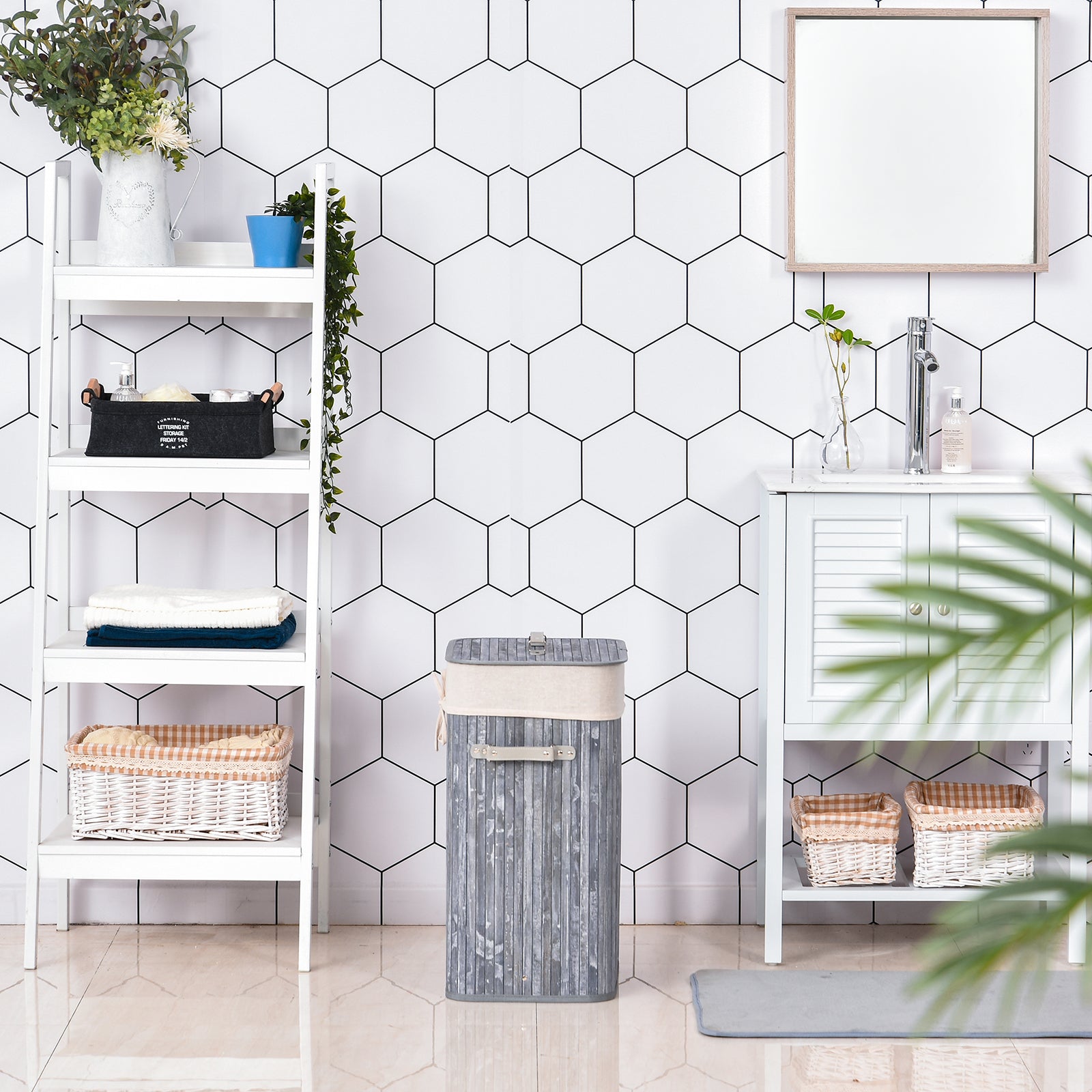 HOMCOM Wäschekorb schmal mit Deckel 72L Wäschesammler mit Griff, herausnehmbarer Wäschesack, Wäschebox für Waschküche Schlafzimmer Badezimmer, Grau