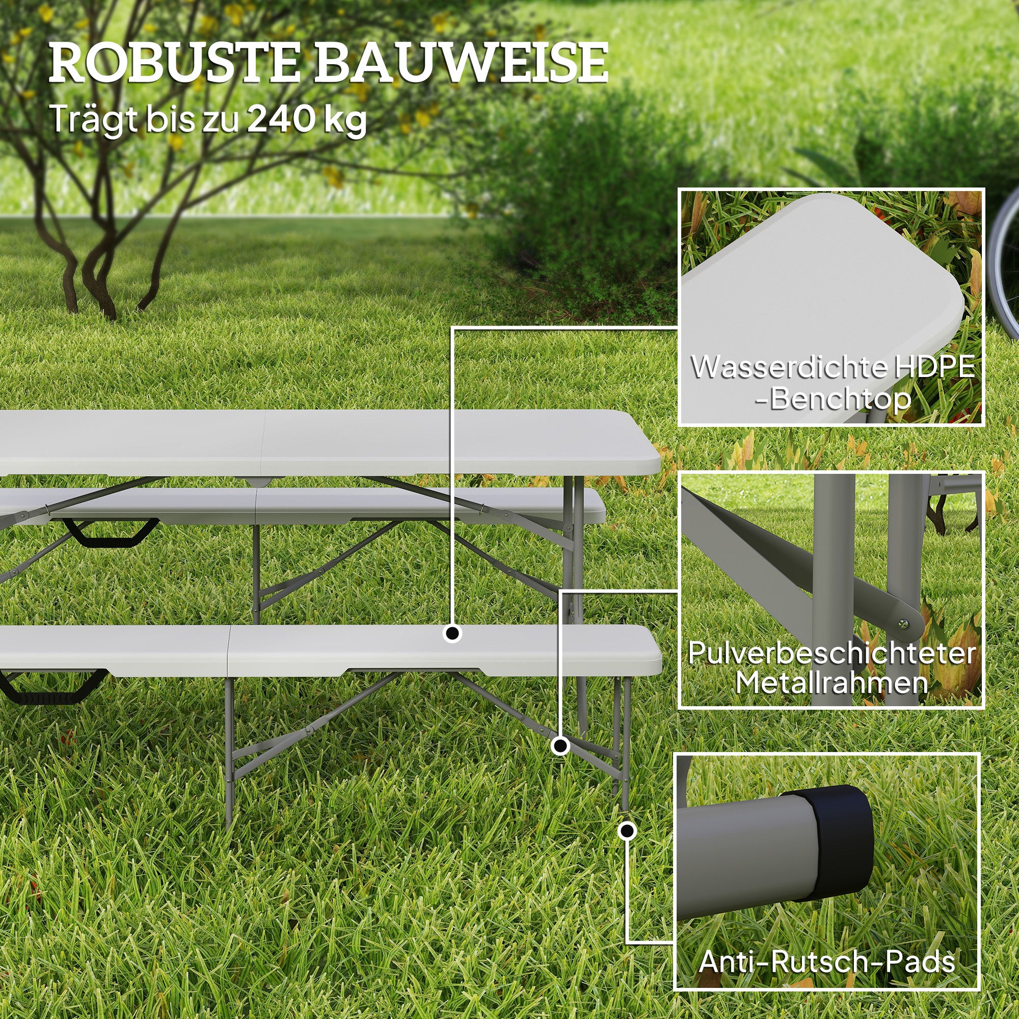 Outsunny Campingbank, Kunststoff-Outdoor-Bank, 240 kg Belastbarkeit, Weiß