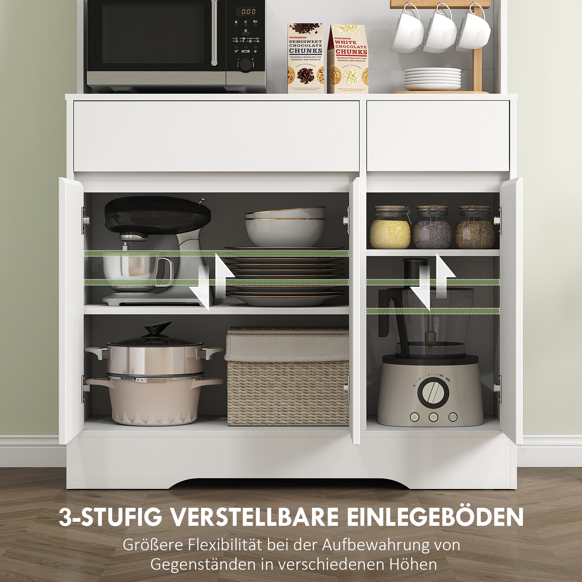 HOMCOM Küchenschrank mit offener Arbeitsfläche, 6 Schranktüren, 2 Schubladen, verstellbare Regale, Kabellöcher, Spanplatte, Weiß